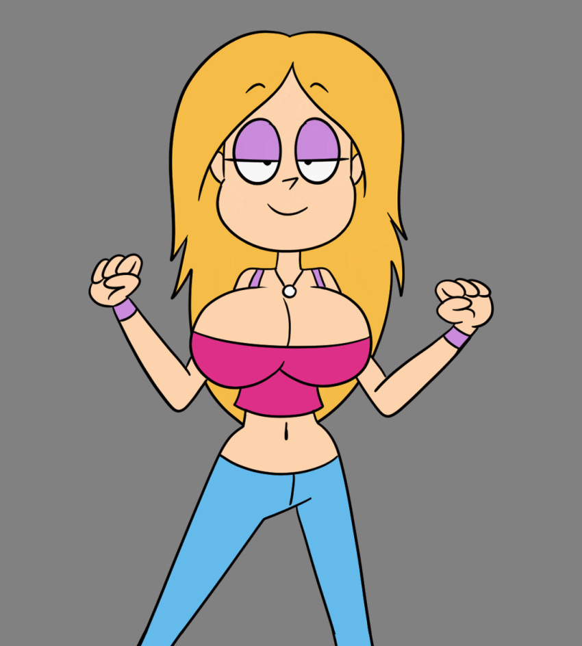 1girl 2d 2d_(artwork) 2d_animation big_breasts black_eyes blonde_hair bouncing_breasts breast_shake breasts clothed clothes eyebrows eyebrows_visible_through_hair eyelashes eyeshadow female_focus female_only gif grey_background high_res jewelry long_hair looking_at_viewer loop makeup necklace original original_character purple_eyeshadow scobionicle99 shaking_breasts simple_background smile standing teenage top_heavy younger_female