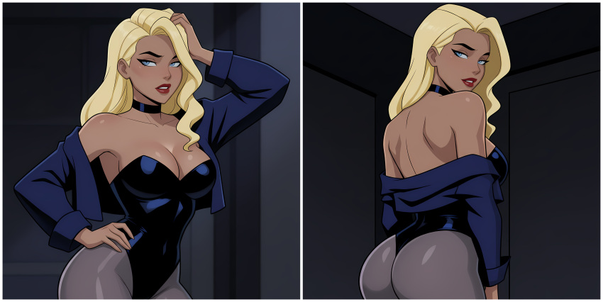 1girl 2koma arm_up ass back bare_back bare_shoulders big_ass big_breasts birds_of_prey black_background black_canary black_canary_(dcau) black_choker black_leotard blonde_female blonde_hair blue_eyes blue_jacket breasts choker cleavage collarbone comic dc_comics dcau dinah_lance female_only female_solo from_behind green_arrow_(series) grey_legwear grey_pantyhose grin half-closed_eyes hand_on_hip heroine highleg highleg_leotard indoors jacket justice_league justice_league_unlimited legs legwear leotard lips lipstick long_hair long_sleeves looking_at_viewer looking_back makeup medium_breasts multiple_views neck off_shoulder open_clothes open_jacket pantyhose parted_lips red_lipstick sequential serious sghero1234 sghero1234_(artist) smile solo_female standing straight_hair strapless strapless_leotard superhero_costume superheroine thighs