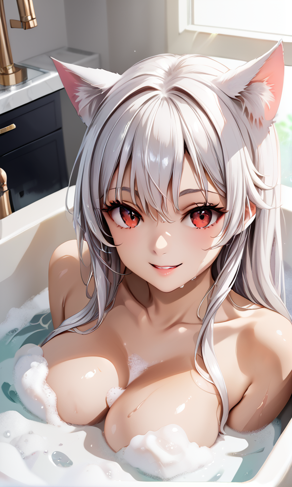 1girl ai_generated bathing bathroom big_breasts blush breasts cat_ears cat_girl ember_paradox female_only in_bathtub in_water indie_virtual_youtuber long_hair nipples_covered red_eyes smile soap_bubbles solo_female virtual_youtuber vtuber white_hair