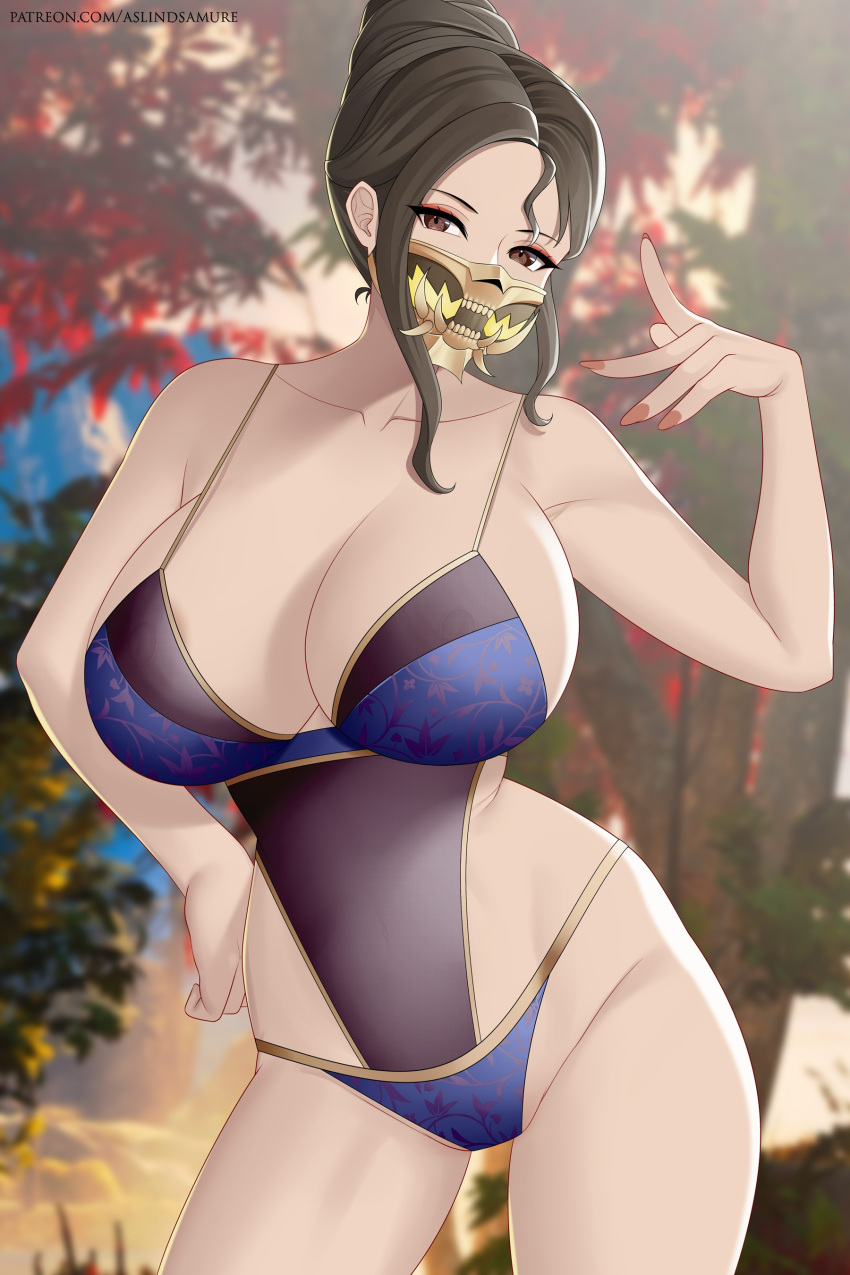 1girl alluring alternate_version_available areola areolae_visible_through_clothing asian asian_female aslind_samure aslindsamure bare_shoulders big_breasts bikini bikini_bottom bikini_only breasts_bigger_than_head brown_eyes brown_hair cleavage cleavage_cutout cleavage_overflow curvy curvy_female curvy_figure edenian eyebrows eyelashes kitana kitana_(new_era) looking_at_viewer masked masked_female midway_games mortal_kombat mortal_kombat_1_(2023) mortal_kombat_4 mortal_kombat_armageddon mortal_kombat_deadly_alliance mortal_kombat_deception mortal_kombat_ii nails nipples nipples_visible_through_clothing painted_nails panties patreon patreon_username pointing pointing_at_viewer princess royalty solo_female swimsuit thick_thighs thighs tied_hair ultimate_mortal_kombat_3 waist_grab wide_hips