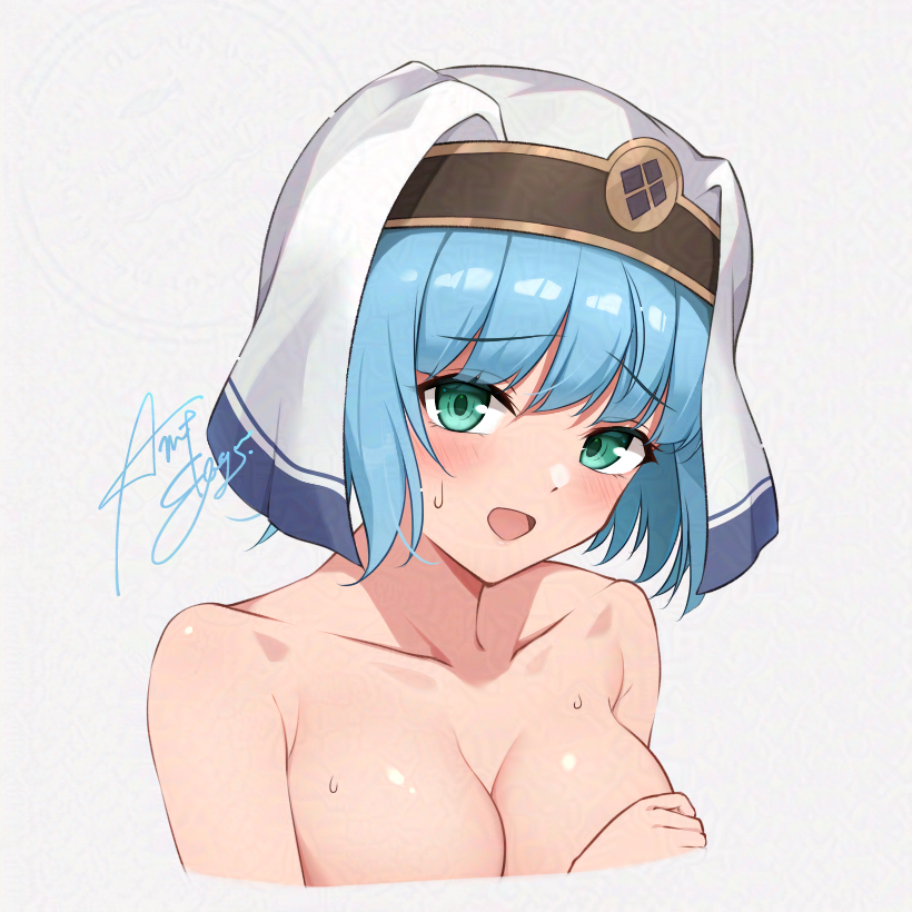 1girl alluring ameno_sagiri_(artist) aqua_eyes big_breasts blue_hair blush coif collarbone commentary_request fire_emblem fire_emblem_echoes:_shadows_of_valentia furrowed_brow intelligent_systems looking_at_viewer nintendo open_mouth signature silque_(fire_emblem) simple_background solo sweat upper_body white_background