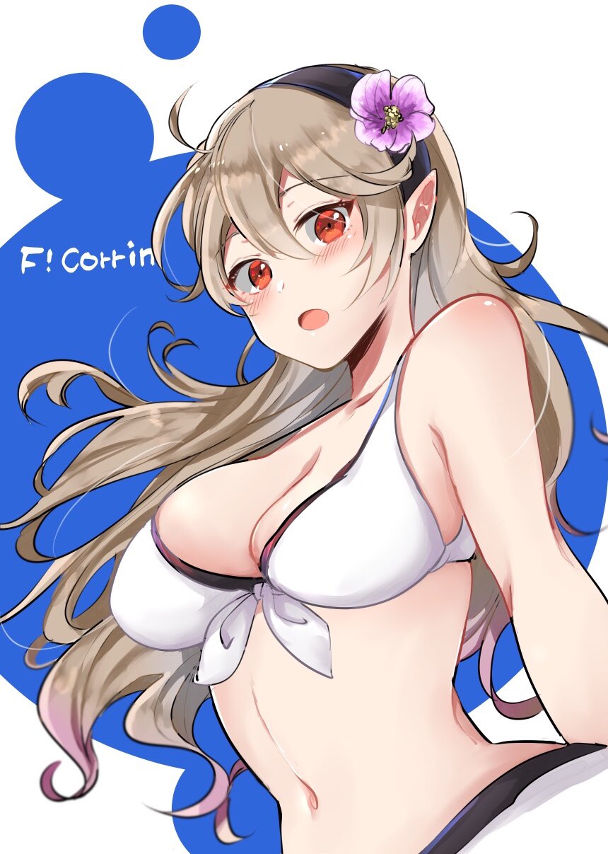 1girl alluring big_breasts bikini character_name cleavage corrin_(fire_emblem) corrin_(fire_emblem)_(female) female_focus fire_emblem fire_emblem_fates fire_emblem_heroes fire_emblem_warriors flower hair_flower hair_ornament hairband high_res intelligent_systems long_hair navel nekolook nintendo official_alternate_costume open_mouth pointy_ears red_eyes swimsuit upper_body v1girl white_bikini