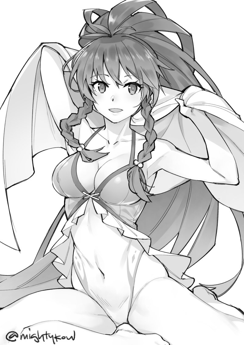 1girl alluring big_breasts braid cleavage covered_navel female_focus fire_emblem fire_emblem:_the_sacred_stones fire_emblem_heroes ge-b greyscale holding holding_towel intelligent_systems long_hair medium_breasts monochrome nintendo one-piece_bikini open_mouth ponytail side_braid simple_background sitting swimsuit tana_(fire_emblem) tana_(noble_and_nimble)_(fire_emblem) towel twin_braids white_background