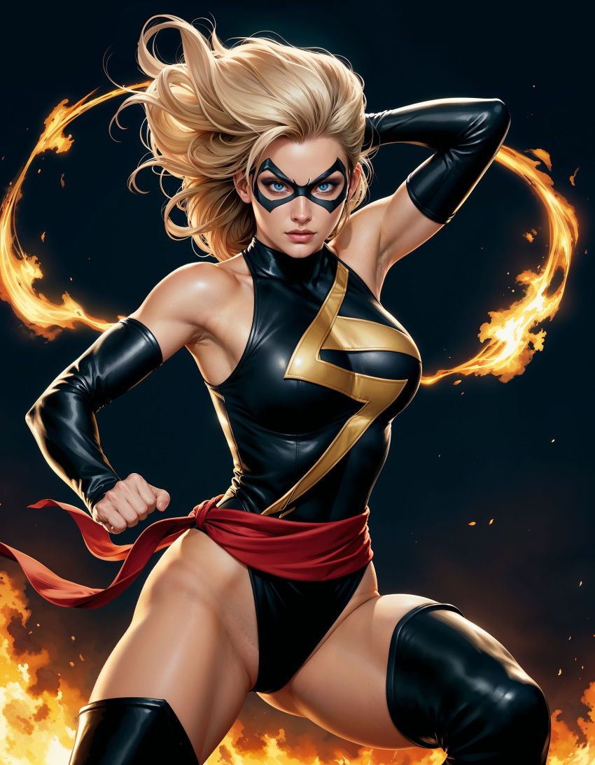 1girl arm_behind_head arm_up armpits avengers bare_shoulders big_breasts black_background black_detached_sleeves black_leotard black_mask black_thighhighs blonde_female blonde_hair blue_eyes breasts carol_danvers clenched_hand closed_mouth detached_sleeves domino_mask expressionless female_only female_solo fire flame floating_hair heroine highleg highleg_leotard legs leotard lips lipstick long_hair looking_at_viewer makeup marvel marvel_comics mask ms._marvel ms._marvel_(carol_danvers) pink_lipstick serious sghero1234 sghero1234_(artist) simple_background skin_tight sleeveless sleeveless_leotard sleeveless_turtleneck standing stockings straight_hair superhero_costume superheroine thighs turtleneck turtleneck_leotard