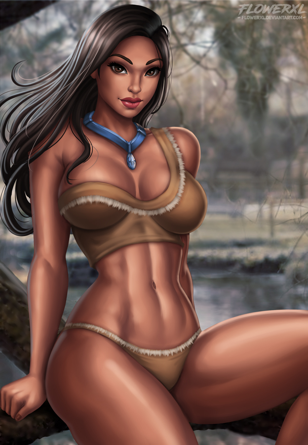 1girl arm_support bangs bare_legs bare_shoulders big_breasts black_hair blue_necklace breasts breasts_apart brown_eyes closed_mouth dark-skinned_female dark_skin day disney female_only female_solo flowerxl forest jewelry legs lips lipstick long_hair looking_at_viewer makeup midriff native_american nature naughty_face navel neck necklace outside parted_bangs pink_lipstick pocahontas pocahontas_(character) red_lipstick smile straight_hair thick_lips thighs tree