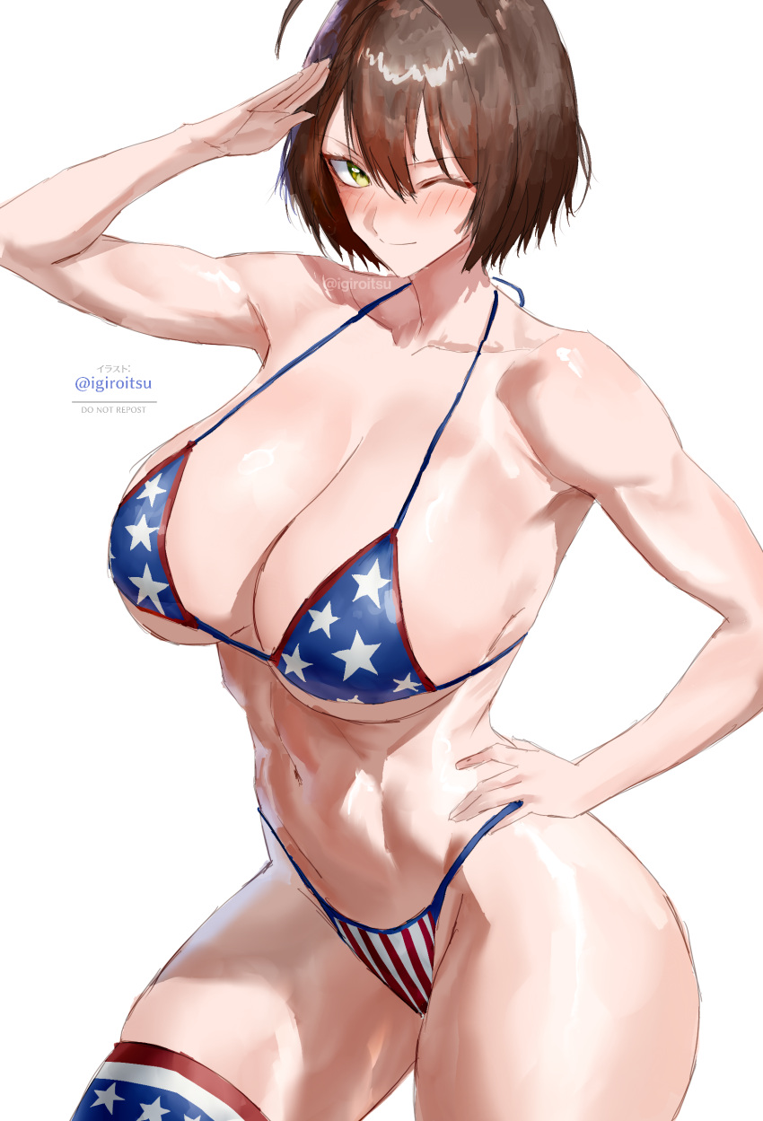 1girl azur_lane baltimore_(azur_lane) baltimore_(black_ace)_(azur_lane) big_breasts bikini brown_eyes brown_hair bubble_butt cleavage horny igiroitsu inviting_to_sex looking_at_viewer pose standing stockings swimsuit teasing thick_thighs