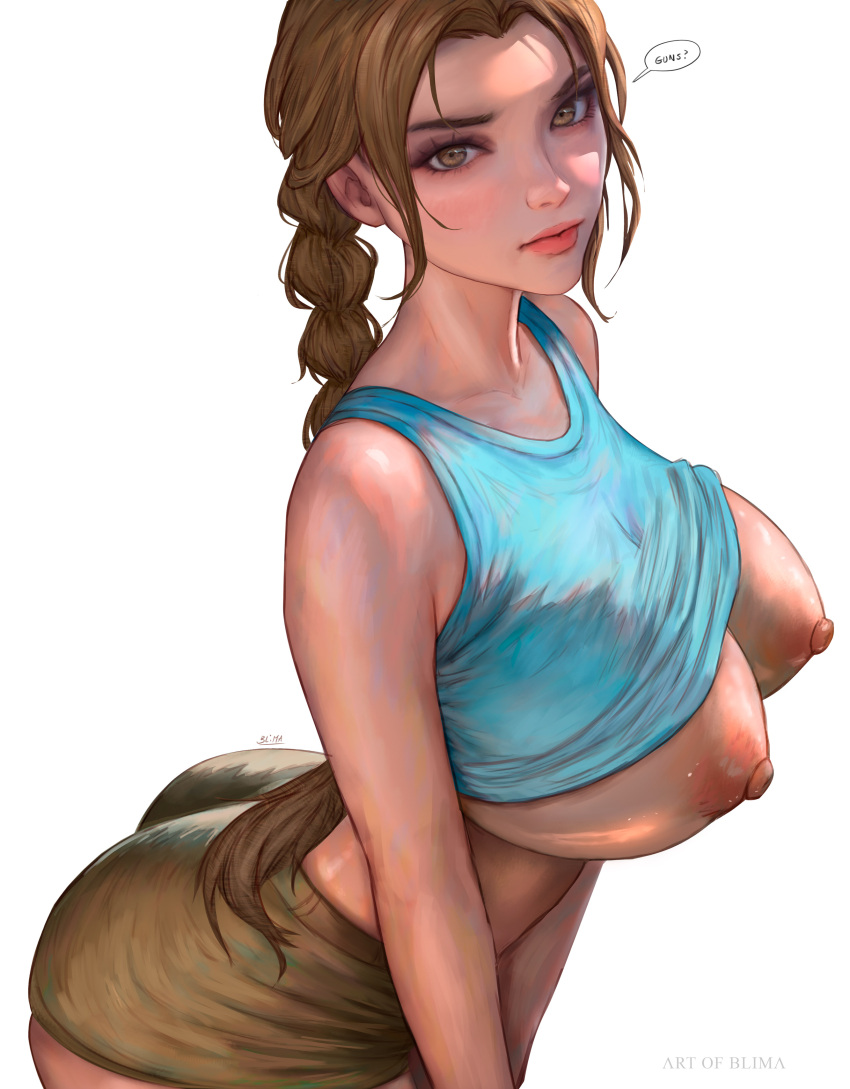 1girl big_breasts blimaxxx brown_eyes brown_hair bubble_butt cleavage horny inviting_to_sex lara_croft looking_at_viewer pose standing teasing thick_thighs tomb_raider