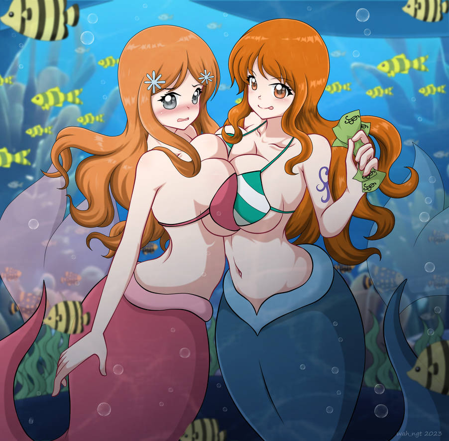 2_girls adapted_costume alluring alternate_costume alternate_species big_breasts bikini bleach blue_eyes blush breast_press brown_eyes cleavage collarbone color_connection crossover female_focus fish hair_ornament inoue_orihime linea_alba matching_hair/eyes mermaid multiple_girls nami_(one_piece) nami_(one_piece)_(return_to_sabaody) navel one_piece orange_eyes orange_hair swimsuit symmetrical_docking trait_connection under_boob wah-ngt