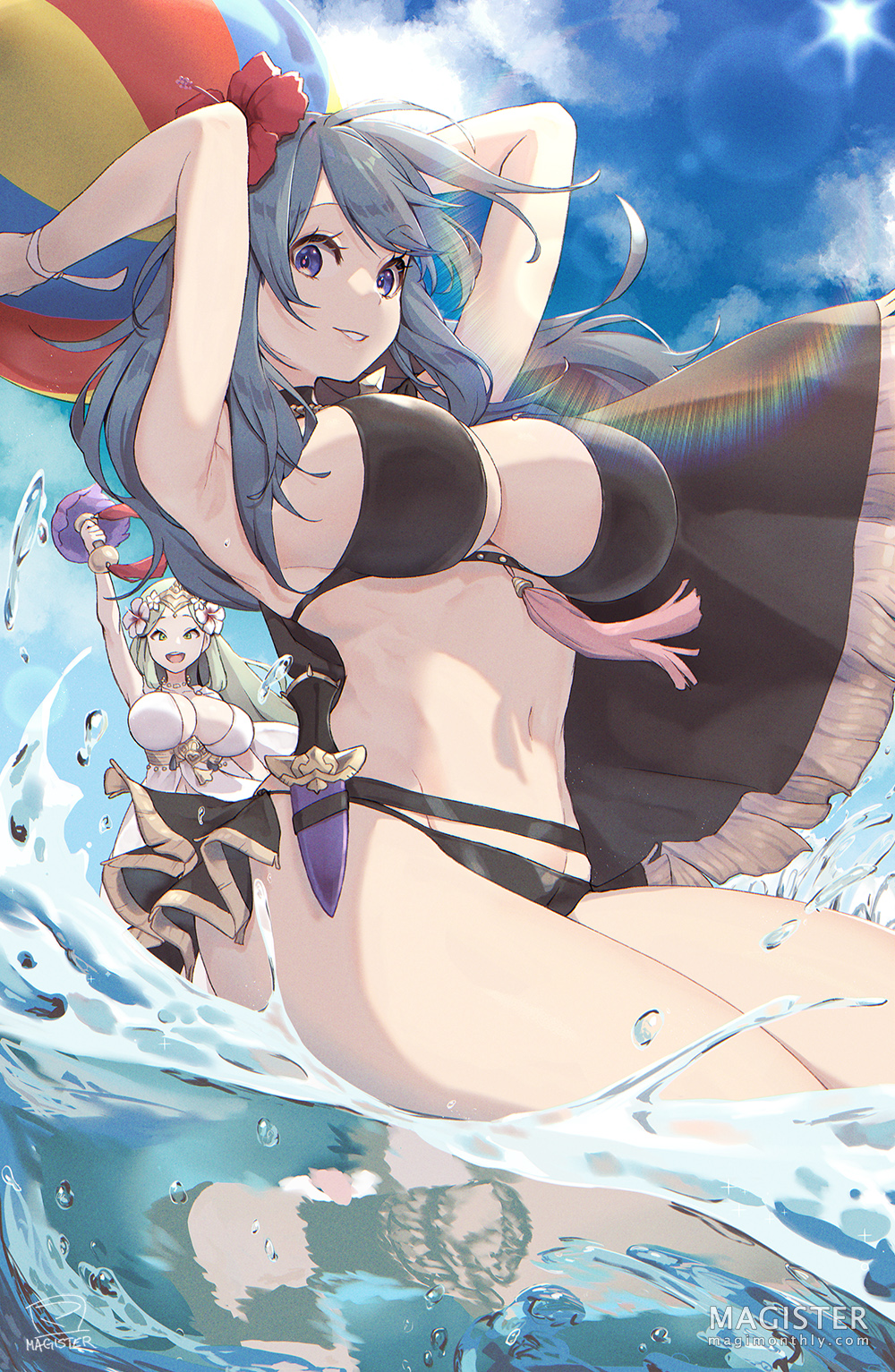 2_girls alluring arm_up arms_behind_head arms_up ball beachball big_breasts bikini black_bikini blue_eyes blue_sky byleth_(fire_emblem) byleth_(fire_emblem)_(female) byleth_(summer)_(fire_emblem)_(female) cleavage cloud dagger fire_emblem fire_emblem:_three_houses fire_emblem_heroes flower green_eyes green_hair hair_flower hair_ornament high_res intelligent_systems knife magister multiple_girls navel nintendo official_alternate_costume parted_lips partially_submerged rhea_(fire_emblem) rhea_(summer)_(fire_emblem) sky splashing sun swimsuit tassel teal_hair thighs water weapon white_bikini