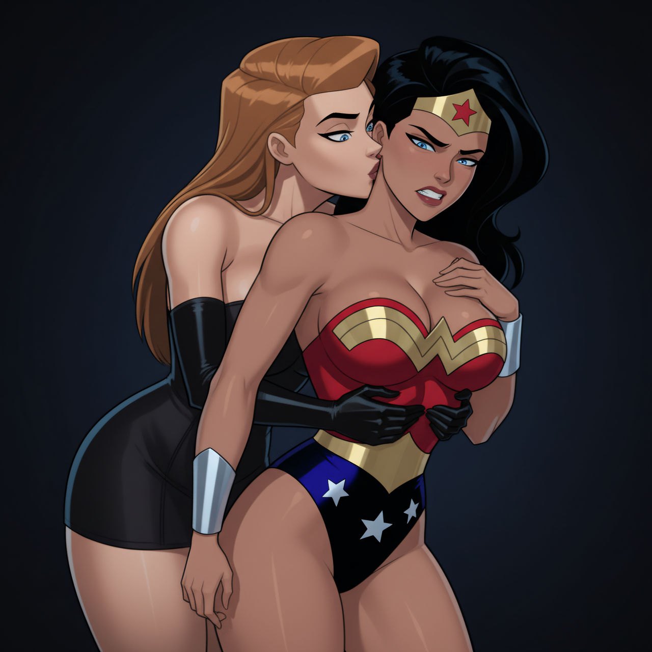 2_girls alternate_costume amazon angry annoyed annoyed_expression arm_at_side arms_at_sides bangs bare_arms bare_legs bare_shoulders behind_another big_breasts black_background black_dress black_gloves black_hair blue_eyes blue_leotard bracer breasts brown_hair cleavage clenched_teeth closed_eyes collarbone contrapposto couple dc_comics dcau diana_prince dress duo elbow_gloves female/female female_only femdom femsub from_behind_position gloves gold_jewelry half-closed_eyes hand_on_chest hand_up heroine highleg highleg_leotard hugging hugging_from_behind jewelry justice_league justice_league_unlimited kissing kissing_neck leaning leaning_forward legs legs_together leotard lezdom lezsub light_brown_hair lips lipstick long_hair looking_at_another looking_at_viewer love makeup medium_breasts mercy_graves mercy_graves_(justice_league) multicolored_clothes multicolored_leotard multiple_females multiple_girls neck neck_kiss open_mouth parted_bangs red_leotard red_lipstick resisting resisting_pleasure round_teeth sghero1234 sghero1234_(artist) short_dress silver_bracer silver_jewelry standing star star_(symbol) star_print straight_hair strapless strapless_dress strapless_leotard superhero_costume superheroine superman:_the_animated_series superman_(series) surprised teeth themysciran thick_thighs thighs tiara tube_dress two-tone_leotard villainess wonder_woman wonder_woman_(dcau) wonder_woman_(series) yuri