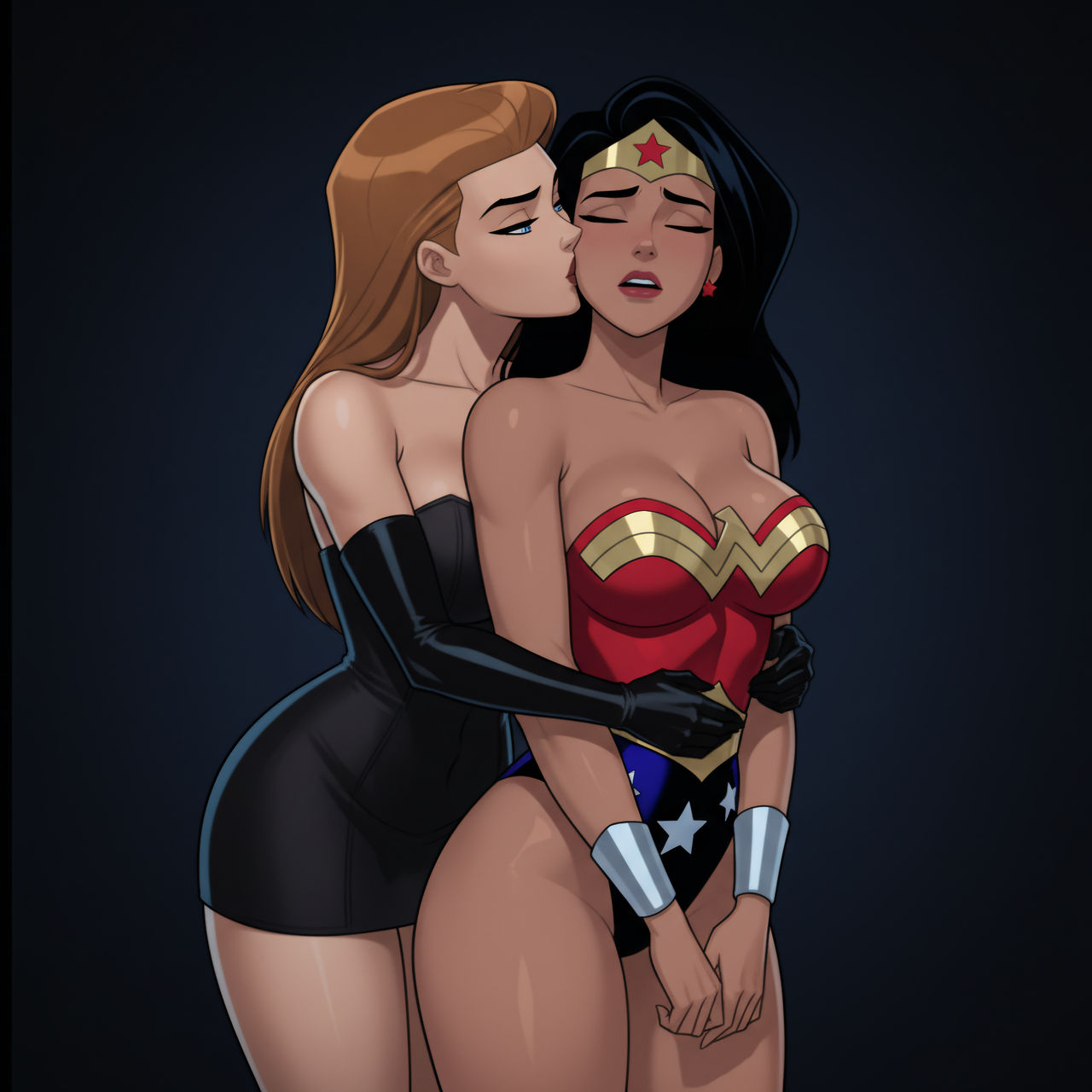 2_girls alternate_costume amazon arms_at_sides bangs bare_arms bare_legs bare_shoulders behind_another big_breasts black_background black_dress black_gloves black_hair blue_eyes blue_leotard bracer breasts brown_hair cleavage closed_eyes collarbone couple dc_comics dcau diana_prince dress duo earrings elbow_gloves female/female female_moaning female_only femdom femsub from_behind_position gloves gold_jewelry half-closed_eyes heroine highleg highleg_leotard hugging hugging_from_behind jewelry justice_league justice_league_unlimited kissing kissing_cheek legs legs_together leotard lezdom lezsub light_brown_hair lips lipstick long_hair looking_at_another love makeup medium_breasts mercy_graves mercy_graves_(justice_league) moaning moaning_in_pleasure multicolored_clothes multicolored_leotard multiple_females multiple_girls mutual_yuri neck open_mouth parted_bangs red_earrings red_leotard red_lipstick romantic romantic_couple round_teeth sghero1234 sghero1234_(artist) short_dress silver_bracer silver_jewelry standing star star_(symbol) star_earrings star_print straight_hair strapless strapless_dress strapless_leotard superhero_costume superheroine superman:_the_animated_series superman_(series) teeth themysciran thick_thighs thighs tiara tube_dress two-tone_leotard upper_teeth upper_teeth_only v_arms villainess wonder_woman wonder_woman_(dcau) wonder_woman_(series) yuri
