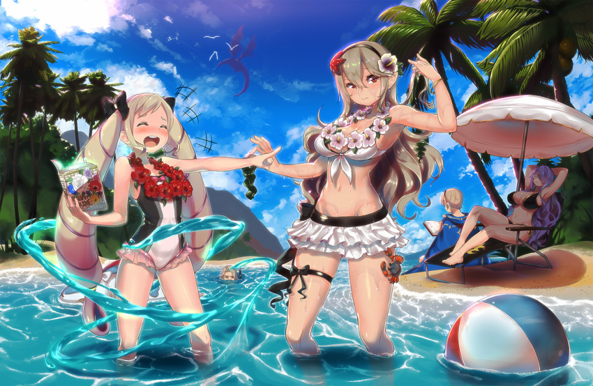+++ 2boys 3_girls alluring arms_up ball barefoot beach beach_chair beach_umbrella beachball big_breasts bikini bikini_skirt black_bikini blonde_hair blush book bow bracelet breasts camilla_(fire_emblem) cape cleavage cloud corrin_(fire_emblem) corrin_(fire_emblem)_(female) corrin_(summer)_(fire_emblem)_(female) crab day dragon elise_(fire_emblem) elise_(tropical_flower)_(fire_emblem) fire_emblem fire_emblem_fates fire_emblem_heroes fire_emblem_warriors flower flower_necklace frilled_swimsuit frills front-tie_bikini_top front-tie_top hair_bow hair_flower hair_ornament hairband intelligent_systems jewelry laughing leg_ribbon lei leo_(fire_emblem_fates) leo_(seashore's_prince)_(fire_emblem_fates) long_hair magister multiple_boys multiple_girls navel necklace nintendo ocean official_alternate_costume one-piece_bikini one-piece_swimsuit open_mouth outside palm_tree pointing pointy_ears purple_hair red_eyes ribbon seaweed side-tie_bikini_bottom sky smile snorkel starfish sunglasses swimsuit thigh_ribbon tree twin_tails umbrella very_long_hair wading water wavy_hair wet white_bikini xander_(fire_emblem) xander_(student_swimmer)_(fire_emblem)