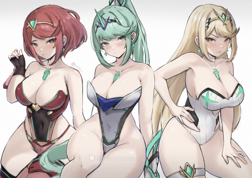3_girls absurd_res alluring big_breasts bikini chascoby green_eyes grey_hair high_res multiple_girls mythra_(xenoblade) one-piece_bikini pneuma_(xenoblade) pyra_(xenoblade) red_eyes red_hair xenoblade_(series) xenoblade_chronicles_2