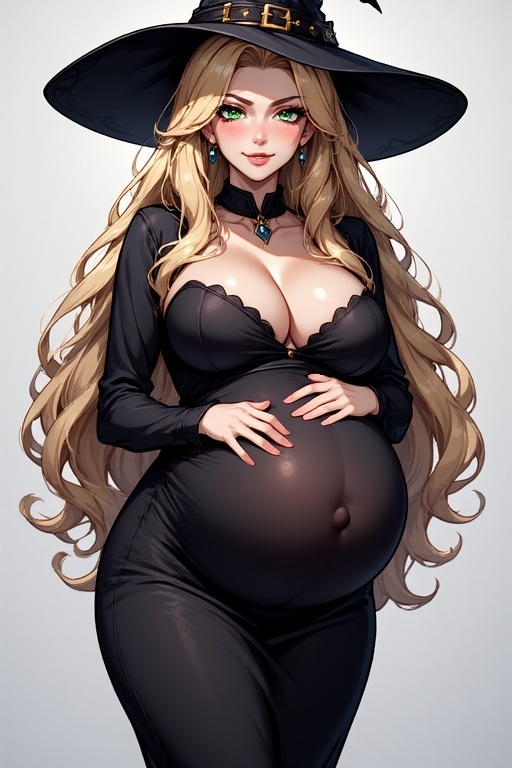 big_breasts blonde_hair green_eyes looking_at_viewer smiling_at_viewer vore_belly vore_implied witch witch_hat