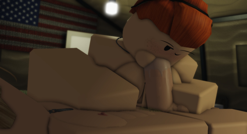 1boy 1girl abs blonde_hair blonde_pubic_hair breasts dog_tags fellatio freckles hyakuyen oral orange_hair penis roblox saliva