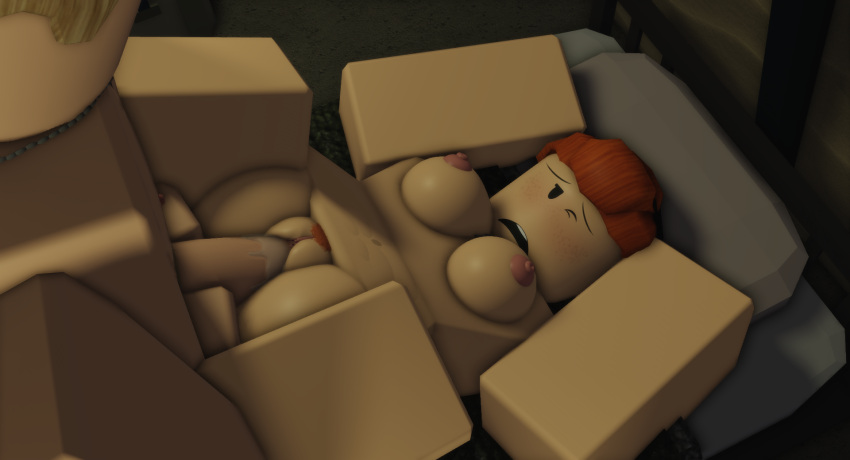 1boy 1girl abs blonde_hair breasts dog_tags freckles hyakuyen missionary orange_hair orange_pubic_hair penis pussy pussy_juice roblox vaginal