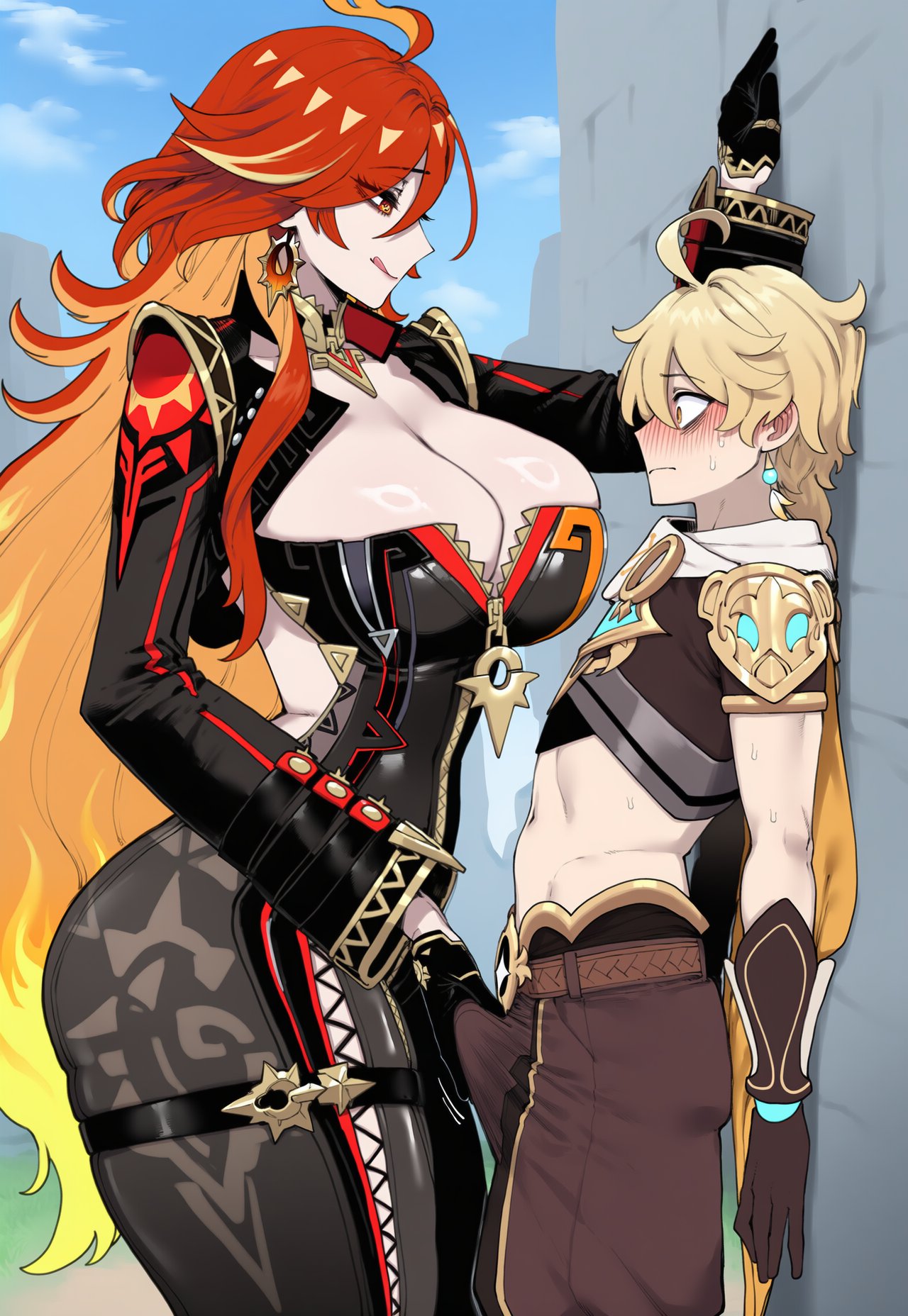 1boy 1girl aether_(genshin_impact) against_wall age_difference ahoge ai_assisted ai_generated ass biker_clothes blonde_hair blush bodysuit breasts breasts_pressed_against_partner bulge bulge_through_clothing bulge_under_clothes chin_grab dominant_female earrings fat_ass femdom genshin_impact gloves half-closed_eyes huge_ass huge_breasts imminent_sex inviting inviting_to_sex jacket licking licking_lips long_hair long_sleeves looking_at_another male mavuika_(genshin_impact) mihoyo outside red_hair scared scared_expression size_comparison size_difference skindentation small_pupils street sweat sweatdrop tease teasing thick thick_thighs thigh_strap tight_clothes tongue tongue_out truck-kun_art