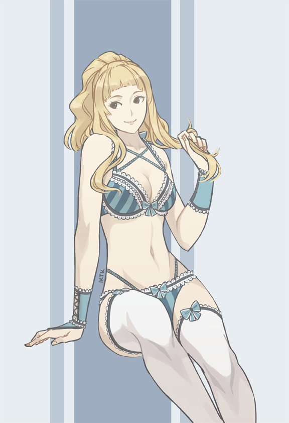 1girl 1girl alluring bikini blonde_hair bra clair_(fire_emblem) female_focus fire_emblem fire_emblem_echoes:_shadows_of_valentia iktk intelligent_systems long_hair looking_at_viewer medium_breasts navel nintendo panties ponytail simple_background smile stockings swimsuit underwear underwear_only