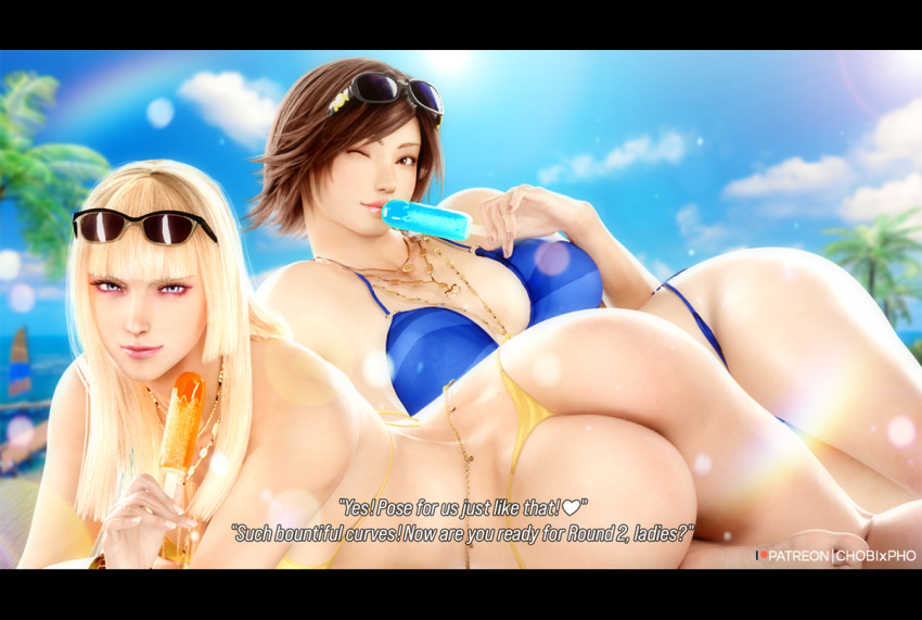 1girl 2_girls 3d beach bikini blonde_hair brown_eyes brown_hair chobixpho emilie_de_rochefort kazama_asuka namco popsicle_in_mouth popsicles short_hair tekken tekken_8 tomboy voluptuous