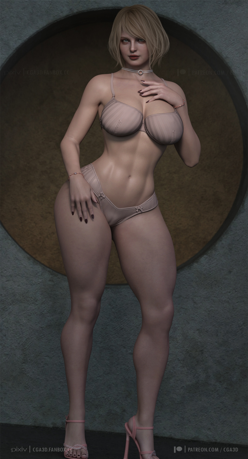 1girl 3d 3d_(artwork) abs alluring ashley_graham ashley_graham_(ella_freya) ass athletic athletic_female big_breasts biohazard blonde_hair bra bubble_butt capcom cga3d cleavage curvaceous curvy curvy_body curvy_female curvy_figure daz3d daz_studio erotichris female_abs fit_female green_eyes hourglass_figure light-skinned_female light_skin lingerie lipstick necklace panties pose posing resident_evil resident_evil_4 resident_evil_4_remake seductive seductive_look sensual standing thick thick_ass thick_thighs thighs voluptuous voluptuous_female wide_hips