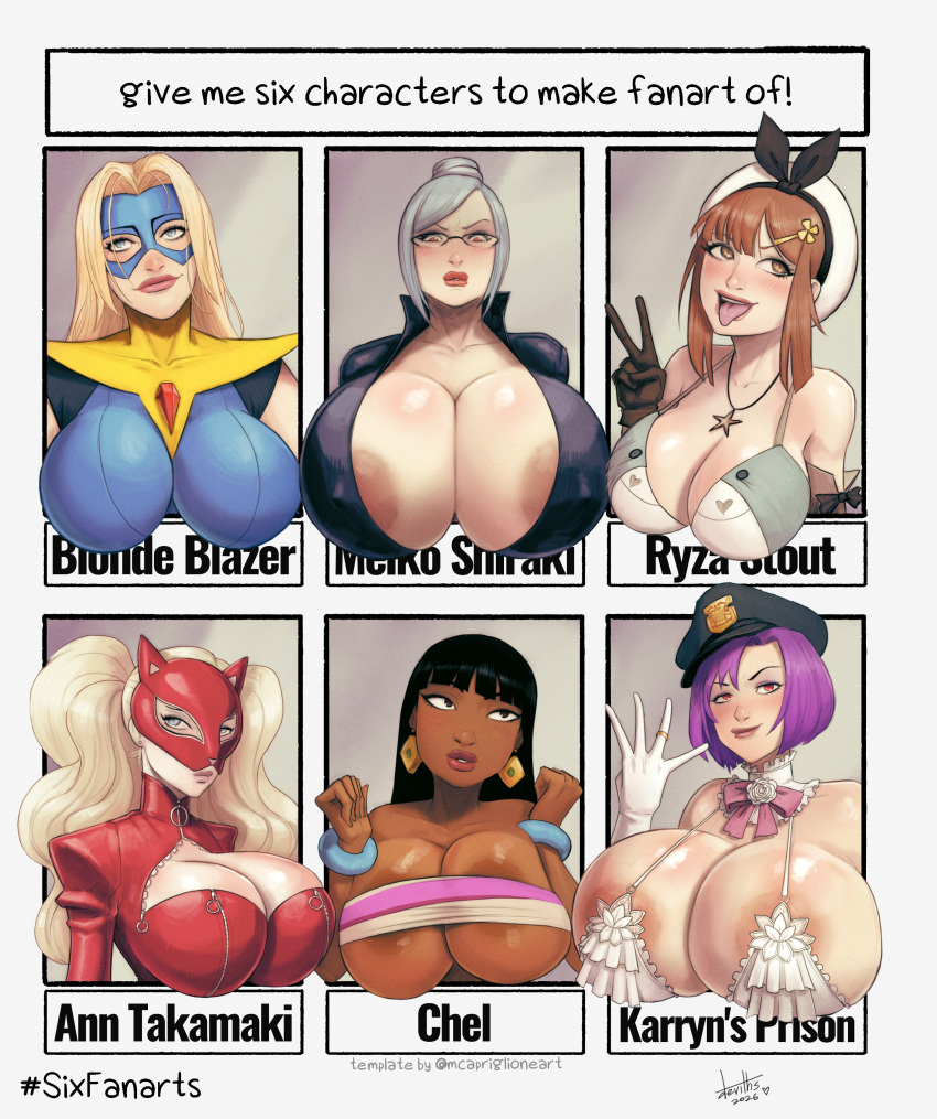 1girl 6girls ann_takamaki atelier_(series) big_breasts big_breasts black_hair blonde_blazer blonde_hair breasts breasts chel cleavage clothed clothing crossover dark-skinned_female dark_skin devil_hs dispatch_(game) ear_piercing eastern_and_western_character female_only glasses grey_hair huge_breasts karryn's_prison karryn_(karryn's_prison) light-skinned_female light_skin long_hair megami_tensei multiple_girls peaked_cap persona persona_5 prison_school purple_hair reisalin_stout shiraki_meiko six_fanarts_challenge the_road_to_el_dorado twin_tails