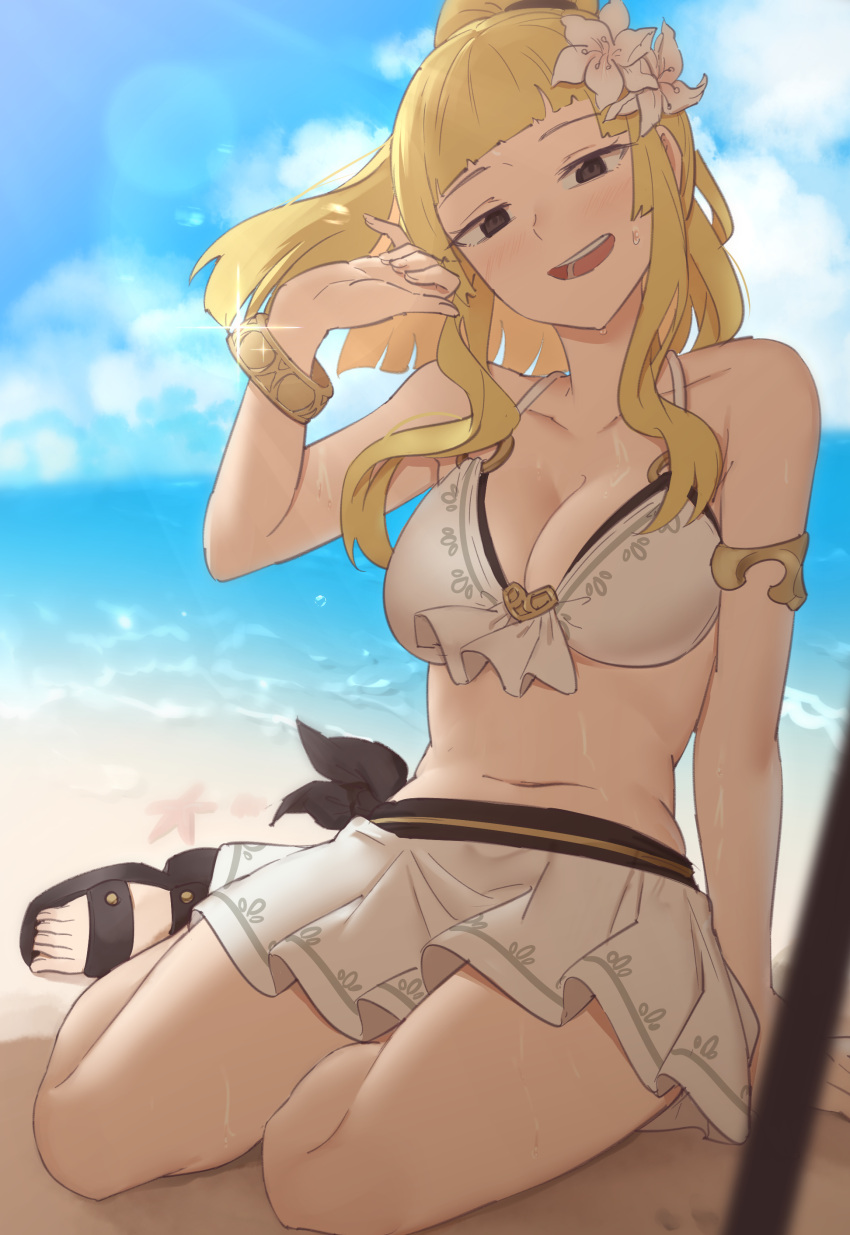1girl absurd_res alluring beach bikini blonde_hair brown_eyes clair_(fire_emblem) cleavage fire_emblem flower flower_on_head high_res intelligent_systems looking_at_viewer medium_breasts nintendo open_mouth ponytail skirt smile swimsuit