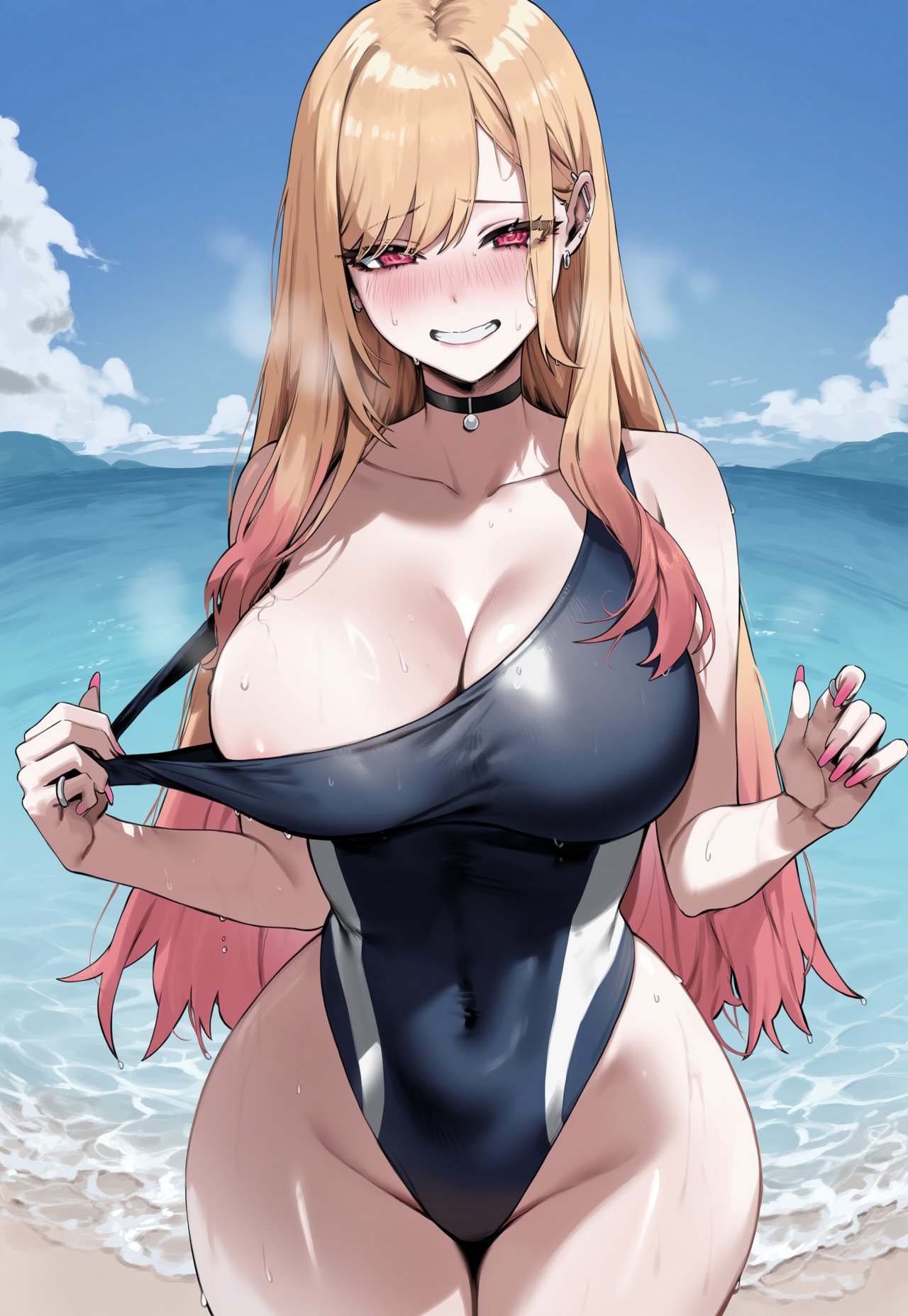 1girl ai_generated beach black_choker black_nails black_swimsuit blonde_hair blue_nails blush breasts choker cleavage cloud collarbone covered_navel day grin kitagawa_marin long_hair looking_at_viewer nail_polish ocean one-piece_swimsuit outside pink_nails pool purple_nails red_eyes red_nails sky smile sono_bisque_doll_wa_koi_wo_suru swimsuit swimsuit_pull teeth truck-kun_art water wet