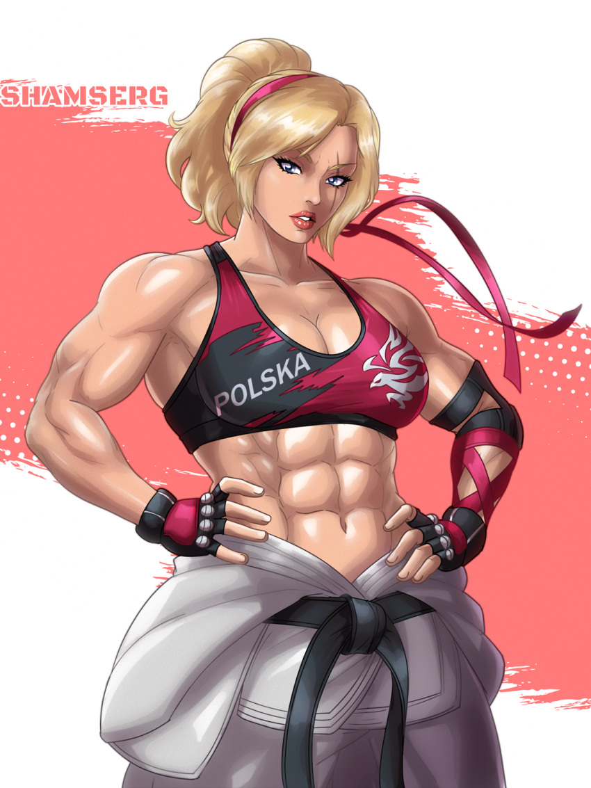 1girl alluring athletic_female blonde_hair blue_eyes female_abs fit_female karate_gi lidia_sobieska namco shamserg sports_bra tekken tekken_8