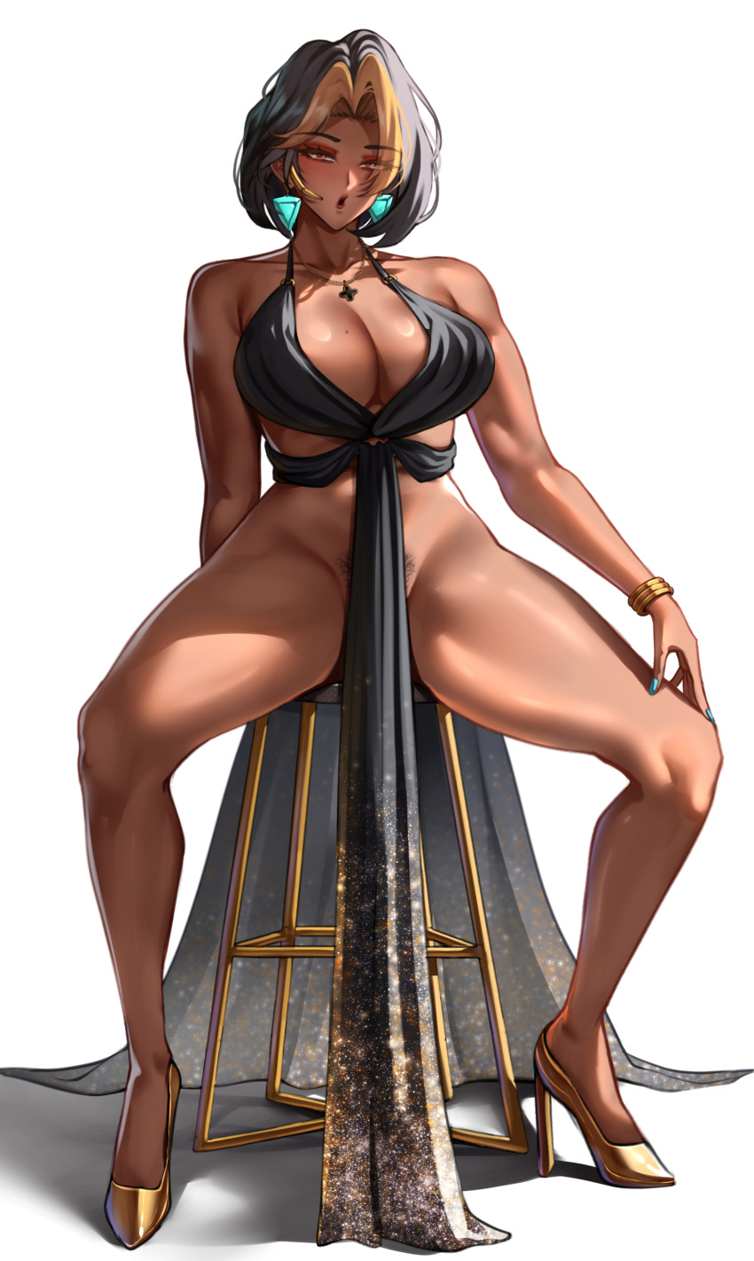 1girl big_breasts black_hair blonde_hair brown_eyes bubble_butt cleavage dark-skinned_female domina domina_(overwatch) hairy_pussy horny inviting_to_sex karma3009 looking_at_viewer overwatch pose pussy_hair sitting spread_legs teasing thick_thighs vaira_singhania