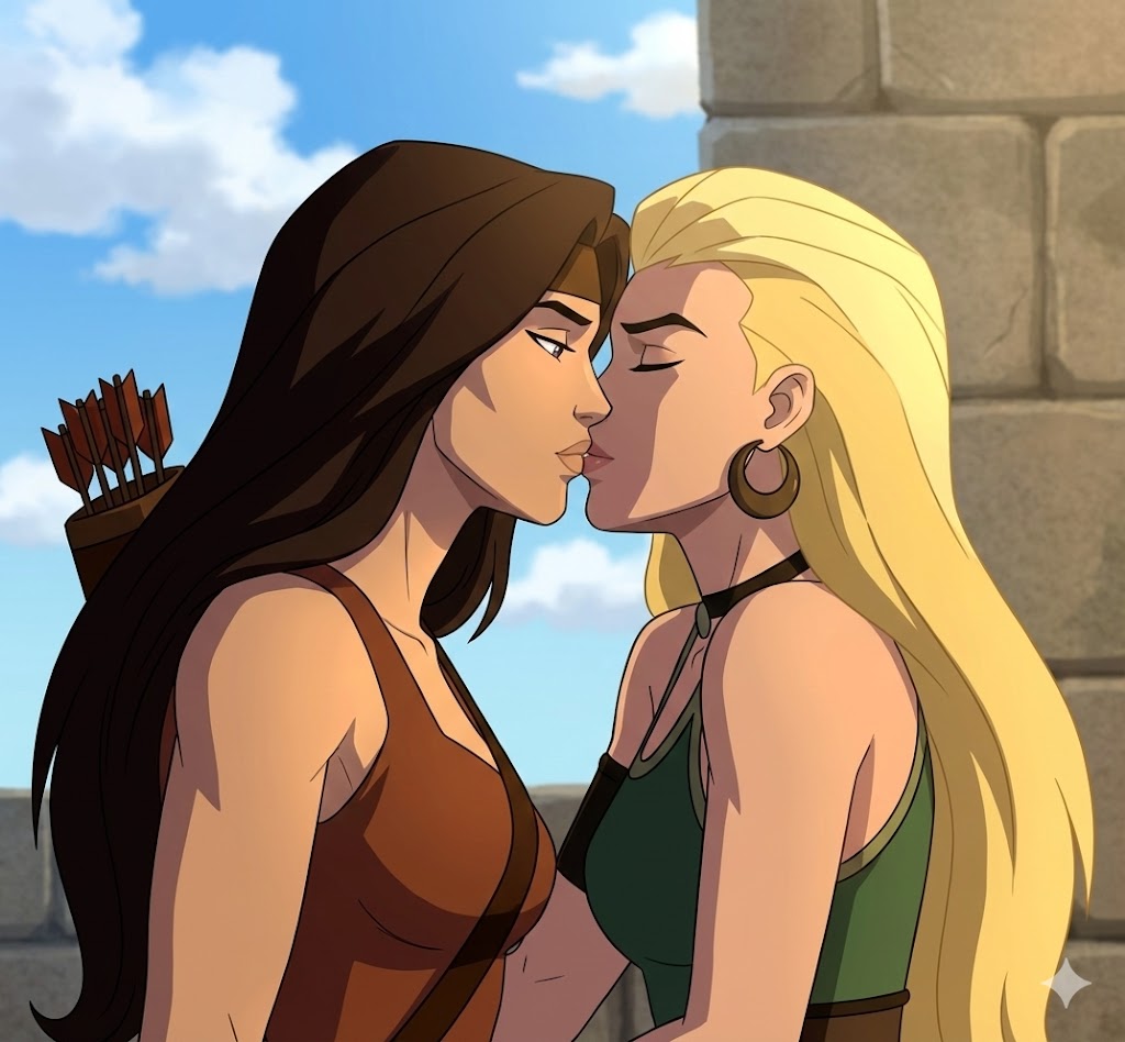 2_girls amora_(tales_of_asgard) archer arm_at_side armband arrow_(projectile) bangs bare_arms bare_shoulders black_armband black_choker black_eyes black_hair blonde_female blonde_hair breasts brown_headband brown_tank_top castle choker closed_eyes closed_mouth cloud couple day duo earrings enchantress_(amora) expressionless female/female female_only green_tank_top half-closed_eyes headband hoop_earrings jayhardly8706 jewelry kissing lips lipstick long_hair looking_at_another love makeup marvel marvel_animated_features medium_breasts multiple_girls mutual_yuri neck necklace outside parted_bangs pink_lipstick quiver romantic romantic_couple sif_(tales_of_asgard) sky straight_hair tales_of_asgard tank_top thor:_tales_of_asgard thor_tales_of_asgard upper_body yuri