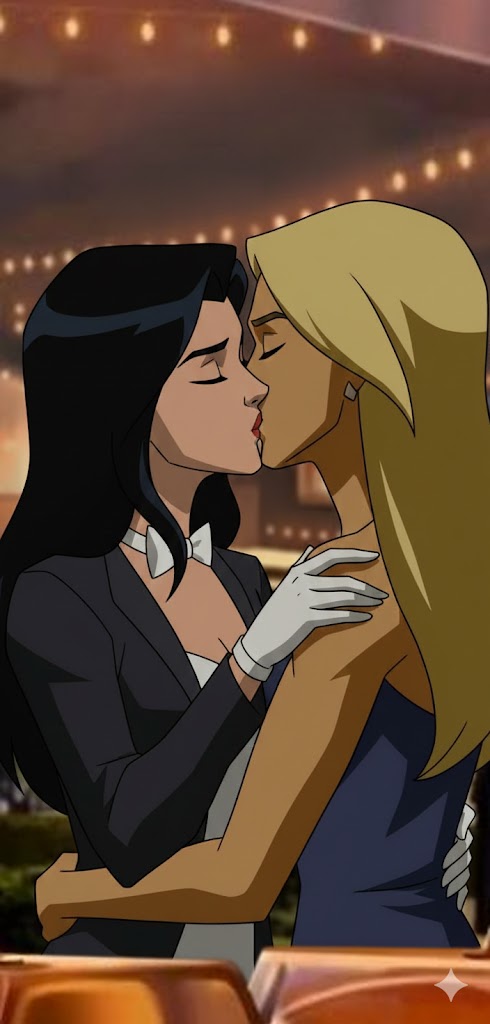 2_girls arm_grab artemis_(dc) artemis_crock bangs bare_arms bare_shoulders black_hair black_jacket blonde_female blonde_hair blue_dress bow bowtie breasts cleavage closed_eyes corset couple dc_comics dress duo earrings female/female female_only friends heroine hugging jacket jayhardly8706 jewelry kissing lips lipstick long_hair long_sleeves love magician magician_tuxedo makeup multiple_girls mutual_yuri neck official_alternate_costume open_clothes open_jacket outside parted_bangs red_lipstick romantic romantic_couple small_breasts straight_hair strapless strapless_dress superheroine tuxedo white_bow white_bowtie white_corset young_justice yuri zatanna zatanna_(young_justice) zatanna_zatara