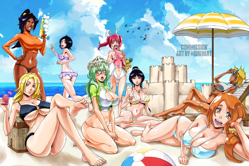6+girls absurd_res alluring animal_ears artist_name ball beach beach_chair beach_umbrella beachball big_breasts bikini black_hair bleach blonde_hair cleavage cleavage_cutout clothing_cutout commission dark-skinned_female dark_skin dokugamine_riruka drink facial_mark fake_animal_ears fake_bunny_ears female_focus food fruit green_hair heart_cutout high_res inoue_orihime jewelry kubo_tite_(style) kuchiki_rukia kurotsuchi_nemu long_hair mask mask_on_head matsumoto_rangiku mole mole_under_mouth multiple_girls navel navel_cutout nelliel_tu_odelschwanck orange_hair orange_shirt ponytail ririvart sand_castle sand_sculpture shihouin_yoruichi shirt small_breasts stomach swimsuit thighlet tier_harribel umbrella under_boob water_gun white_bikini