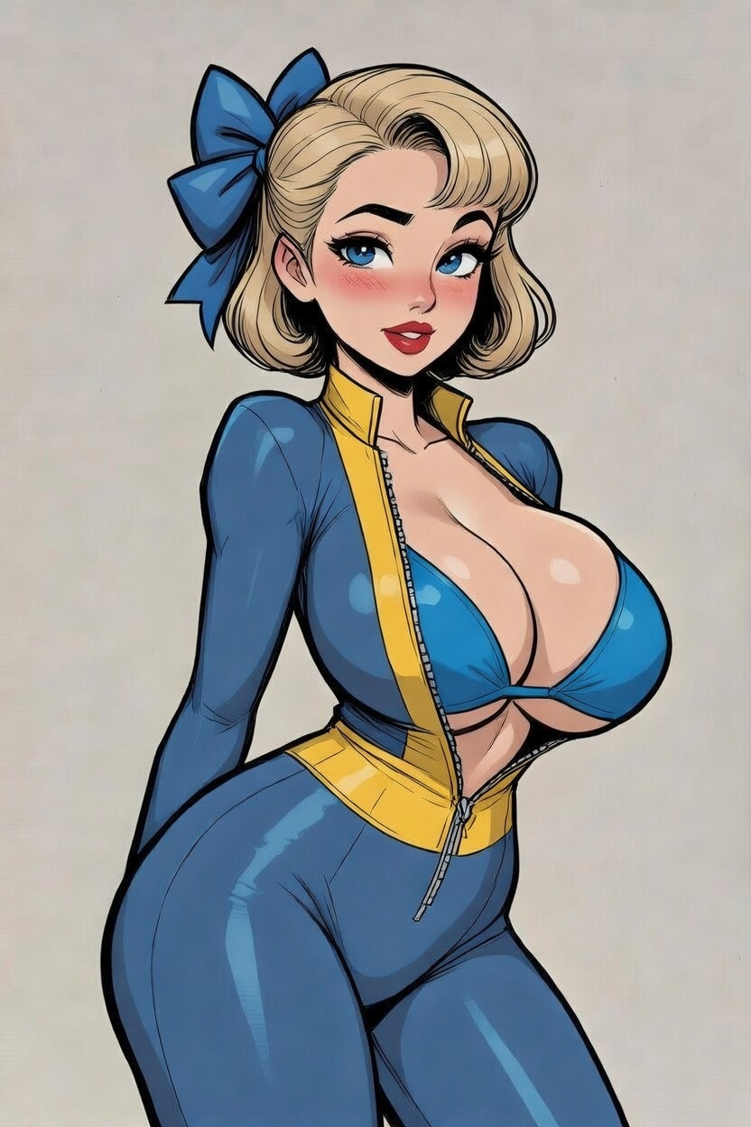 big_breasts bikini blonde_hair blue_bikini blue_bow blue_eyes blush bodysuit fallout hair_ornament hair_ribbon lipstick red_lipstick unzipped unzipped_bodysuit vault_girl
