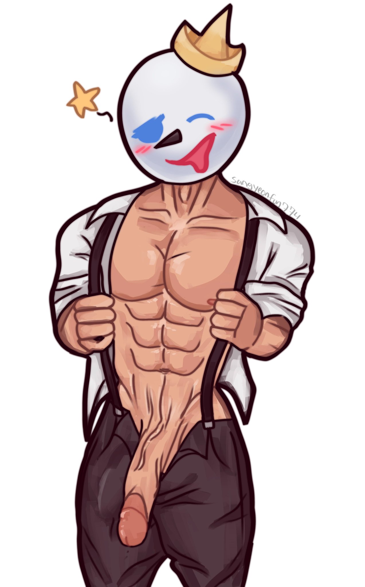 1boy abs ahe_gao bara big_breasts big_penis boner breasts business_attire business_suit erect_penis erection foreskin jack_box jack_in_the_box male male_only mascot mascots muscle pecs penis sangyeonfan774 solo_male uncircumcised uncut veins veiny_belly veiny_penis yaoi