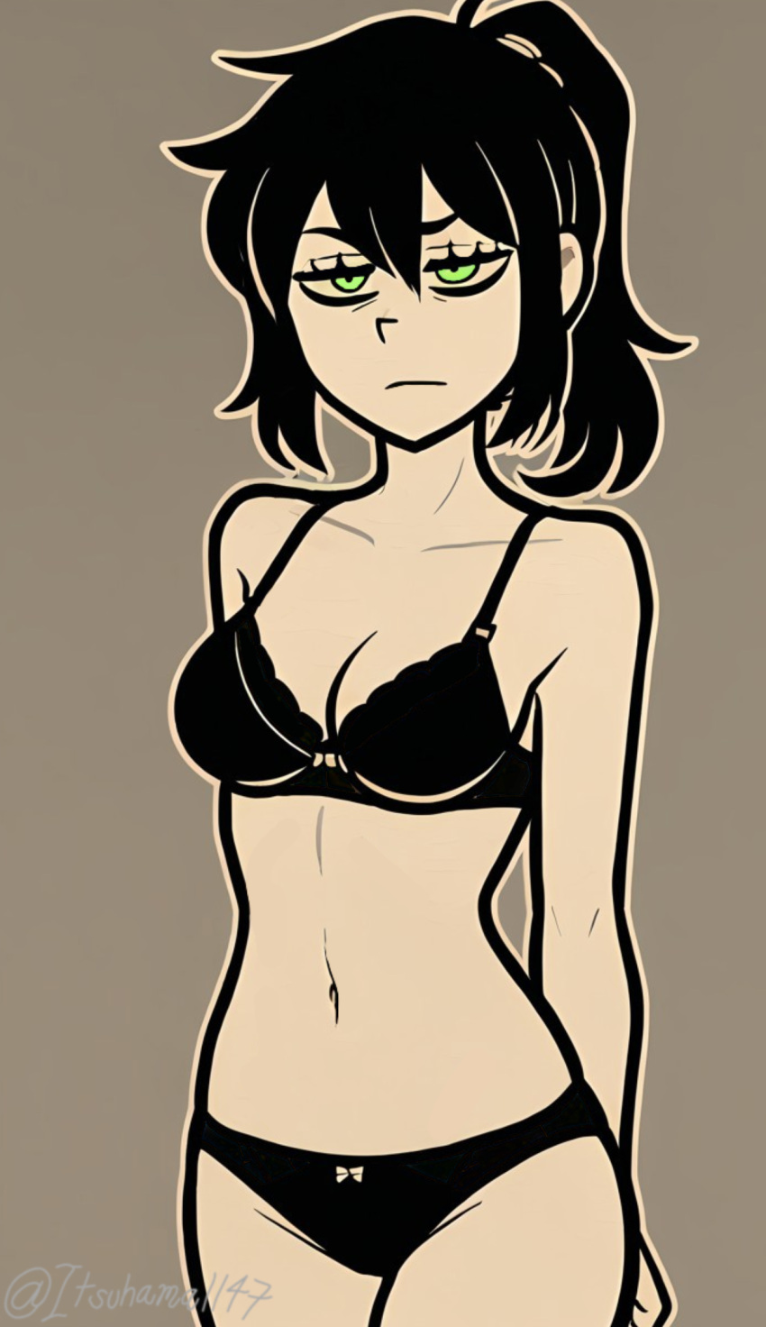 1girl 1girls 2020s 2024 accurate_art_style adult adult_female arms_behind_back bare_shoulders bare_thighs black_hair bra breasts cleft_of_venus collarbone eyebags eyelashes frown green_eyes half-closed_eyes high_res hips indoors itsuhamaart light-skinned_female light_skin looking_at_viewer mature mature_female medium_breasts milf navel panties ponytail renee_graves standing stomach the_coffin_of_andy_and_leyley thighs tied_hair twitter_username underwear underwear_only