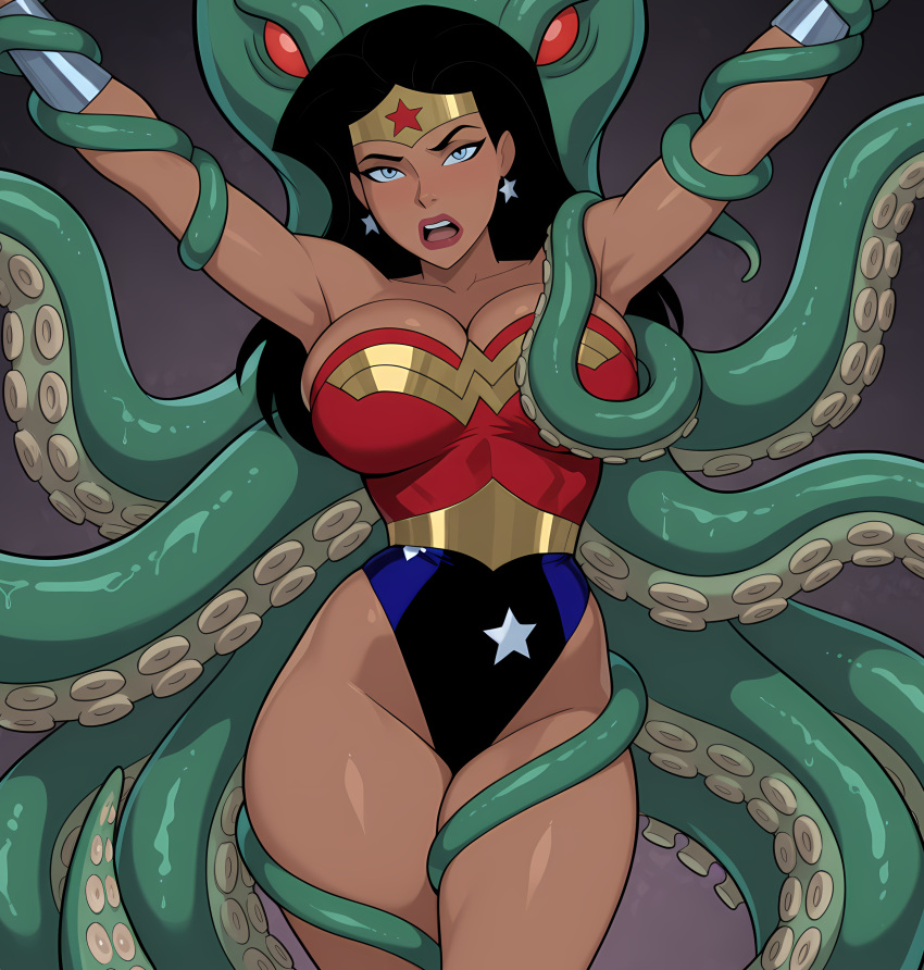 1girl 1other amazon angry animal aqua_skin armpits arms_up bangs bare_arms bare_legs bare_shoulders big_breasts black_hair blue_eyes blue_leotard bondage bracer breasts cleavage collarbone dc_comics dcau defeated defeated_female defeated_heroine defeated_superheroine diana_prince earrings gold_jewelry gradient gradient_background green_skin grey_background head_tilt heroine highleg highleg_leotard huge_breasts jewelry justice_league justice_league_unlimited kraken legs legs_together leotard lips lipstick long_hair looking_at_viewer makeup monster mound_of_venus multicolored_clothes multicolored_leotard neck nervous octopus octopus_tentacle open_mouth parted_bangs red_eyes red_leotard red_lipstick restrained round_teeth sghero1234 sghero1234_(artist) silver_bracer silver_earrings silver_jewelry standing star star_(symbol) star_earrings star_print straight_hair strapless strapless_leotard superhero_costume superheroine teeth tentacle tentacle_bondage themysciran thick_thighs thighs tiara two-tone_leotard upper_teeth upper_teeth_only wonder_woman wonder_woman_(dcau) wonder_woman_(series)