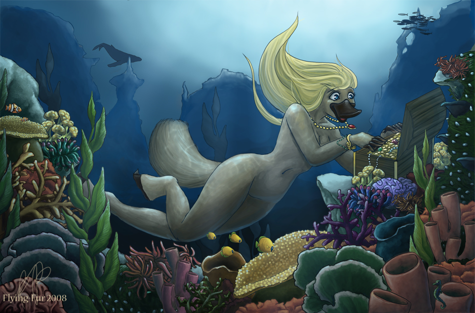 1girl 2008 ambient_coral ambient_fish ambient_sealife anthozoan anthro anthro_focus aquatic beak blonde_hair blue_eyes bracelet breasts casual_nudity cetacean clownfish cnidarian coin coral detailed_background emerald_(gem) eyelashes female feral fingerless_(marking) fish fluffy_(artist) fluffy_tail flying-fur fur gem gold_(metal) gold_coin gold_jewelry grey_body grey_fur group hair jewelry long_hair mammal monotreme navel necklace nude pearl_(gem) pearl_necklace plant platypus ruby_(gem) sea sea_anemone seabed seaweed smile solo_focus swimming tail treasure treasure_chest underwater water whale