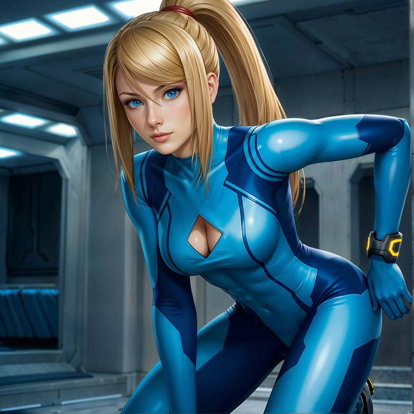 1girl adapted_costume bangs blonde_female blonde_hair blue_bodysuit blue_eyes bodysuit breasts cleavage cleavage_cutout closed_mouth covered_navel female_only female_solo hair_between_eyes hair_intakes hand_on_hip high_ponytail indoors kneel leaning leaning_forward lips lipstick long_hair looking_at_viewer makeup medium_breasts metroid metroid_other_m metroid_zero_mission neck nintendo parted_bangs pink_lipstick ponytail samus_aran sghero1234 sghero1234_(artist) skin_tight smile tied_hair zero_suit zero_suit_samus