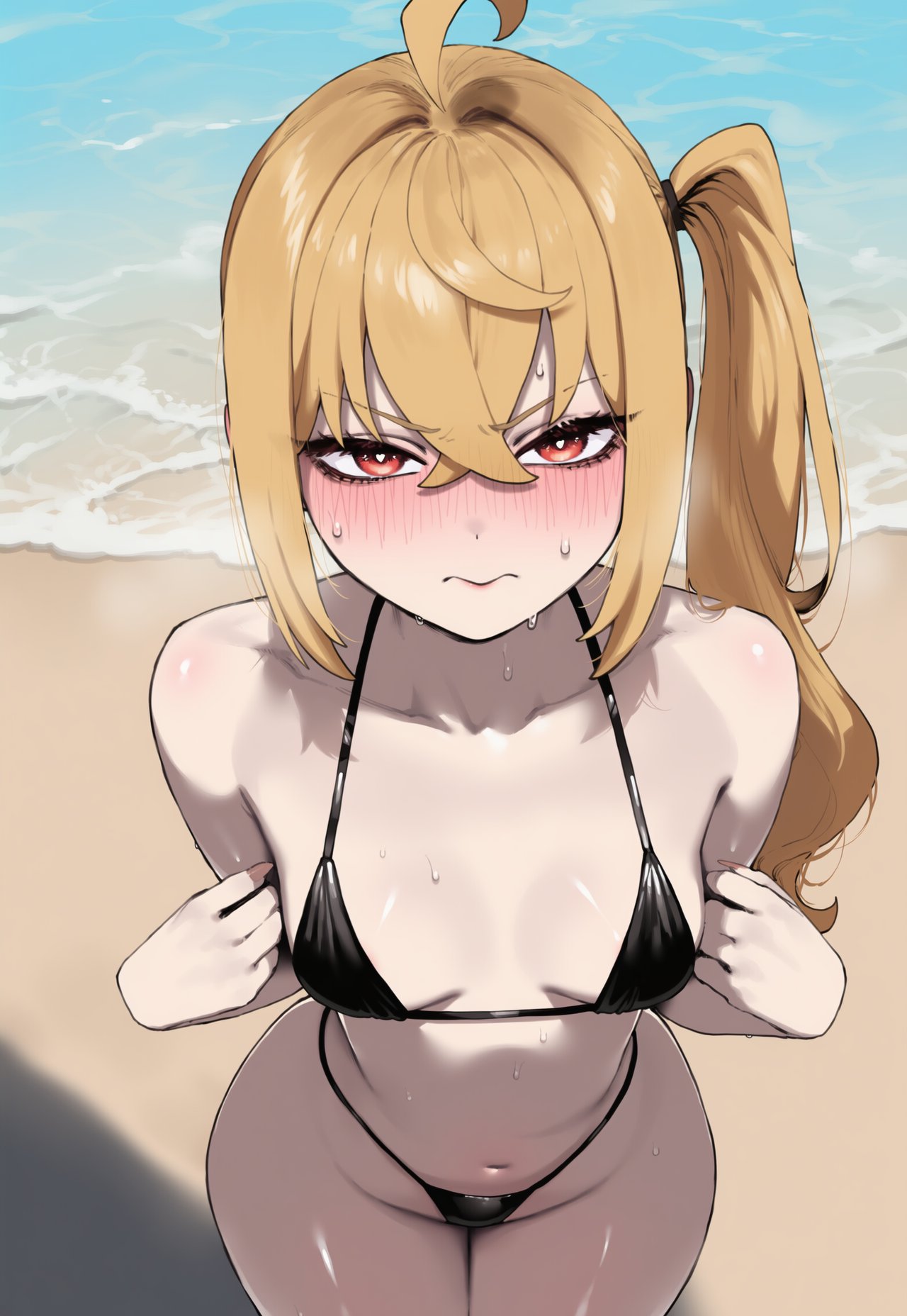 1girl ai_generated beach bikini blonde_hair blush breasts embarrassed hips light-skinned_female light_skin looking_at_viewer luciana_de_montefio navel outside ponytail pov side_ponytail small_breasts sweat sweatdrop sweating swimsuit thick_thighs thighs truck-kun_art wide_hips zenless_zone_zero