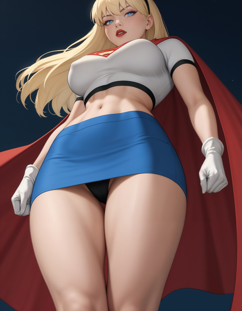 1girl alien_girl alternate_breast_size arms_at_sides bare_legs big_breasts black_hairband black_panties black_underwear blonde_female blonde_hair blue_eyes blue_skirt breasts cape clenched_hands dc_comics female_only female_solo from_below gloves hair_between_eyes hair_ornament hairband half-closed_eyes heroine justice_league justice_league_unlimited kara_zor-el kryptonian legs legs_together lips lipstick long_hair looking_at_viewer looking_down makeup midriff miniskirt navel night night_sky outside panties pantyshot pantyshot_(standing) parted_lips pencil_skirt red_cape red_lipstick serious sghero1234 sghero1234_(artist) shirt short_sleeves skirt sky standing straight_hair supergirl superhero_costume superheroine superman:_the_animated_series superman_(series) teen teenage_girl thighs underwear white_gloves white_shirt