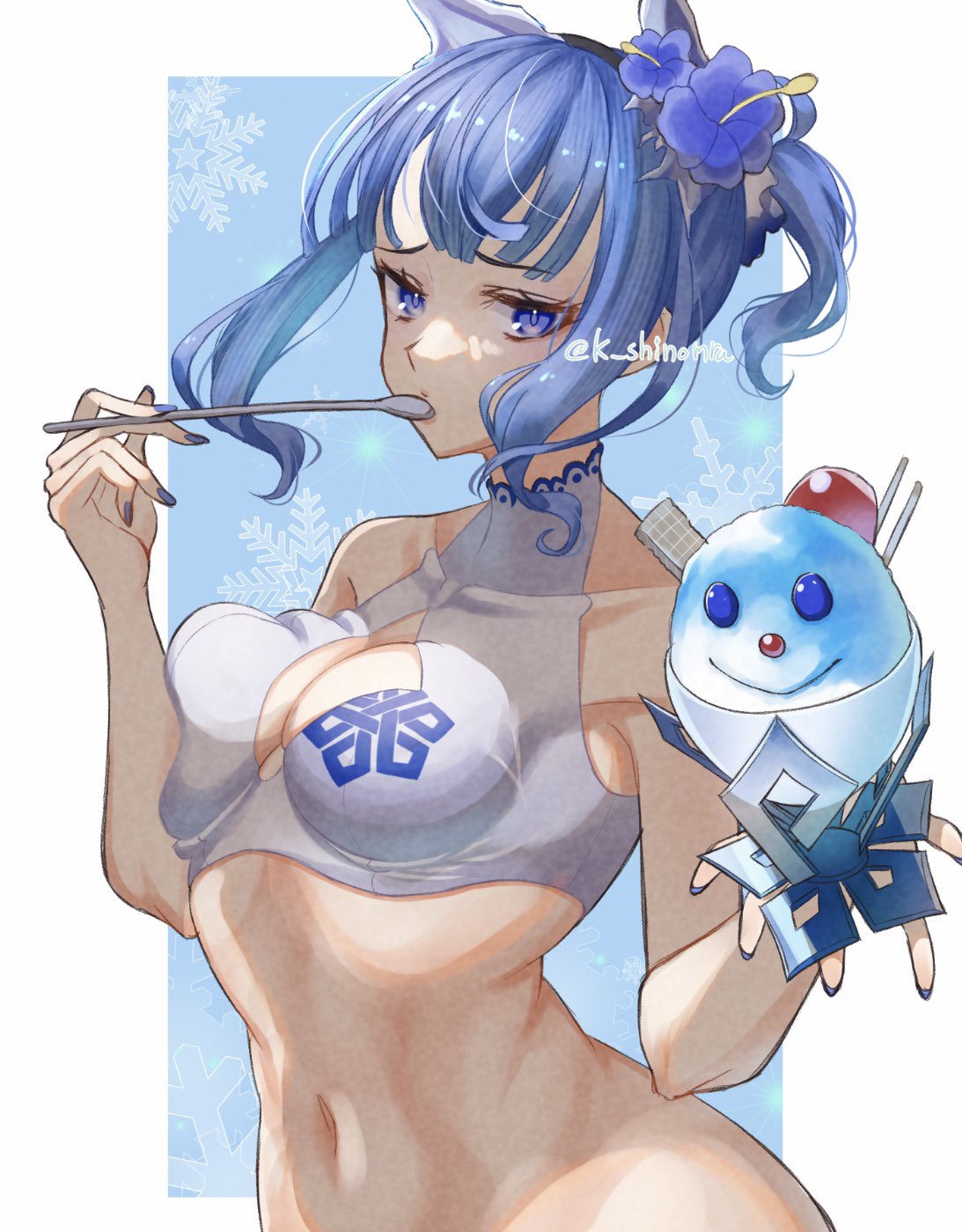 1girl alluring alternate_costume alternate_hairstyle bare_shoulders bikini bikini_top_only blue_eyes blue_hair blue_nails blunt_bangs breast_press breasts cleavage cleavage_cutout clothing_cutout female_only fire_emblem fire_emblem_heroes food high_res holding holding_food holding_ice_cream holding_spoon ice_cream intelligent_systems karashino medium_breasts nail_polish navel nifl_(fire_emblem) nintendo official_alternate_costume official_alternate_hairstyle ponytail shaved_ice short_hair sidelocks spoon swimsuit white_bikini white_swimsuit