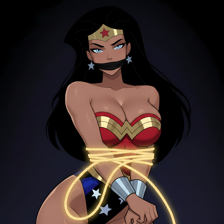 1girl amazon angry arms_tied arms_tied_in_front bangs bare_arms bare_legs bare_shoulders big_breasts black_background black_hair blue_eyes blue_leotard bondage bracer breasts cleavage collarbone dc_comics dcau diana_prince earrings female_only female_solo gag gagged_female gold_jewelry gradient gradient_background grey_background half-closed_eyes heroine highleg highleg_leotard jewelry justice_league justice_league_unlimited lasso_of_truth legs leotard long_hair looking_at_viewer mound_of_venus multicolored_clothes multicolored_leotard neck parted_bangs red_leotard rope rope_bondage serious sghero1234 sghero1234_(artist) silver_bracer silver_earrings silver_jewelry standing star star_(symbol) star_earrings star_print straight_hair strapless strapless_leotard superhero_costume superheroine themysciran thighs tiara two-tone_leotard v_arms wonder_woman wonder_woman_(dcau) wonder_woman_(series)