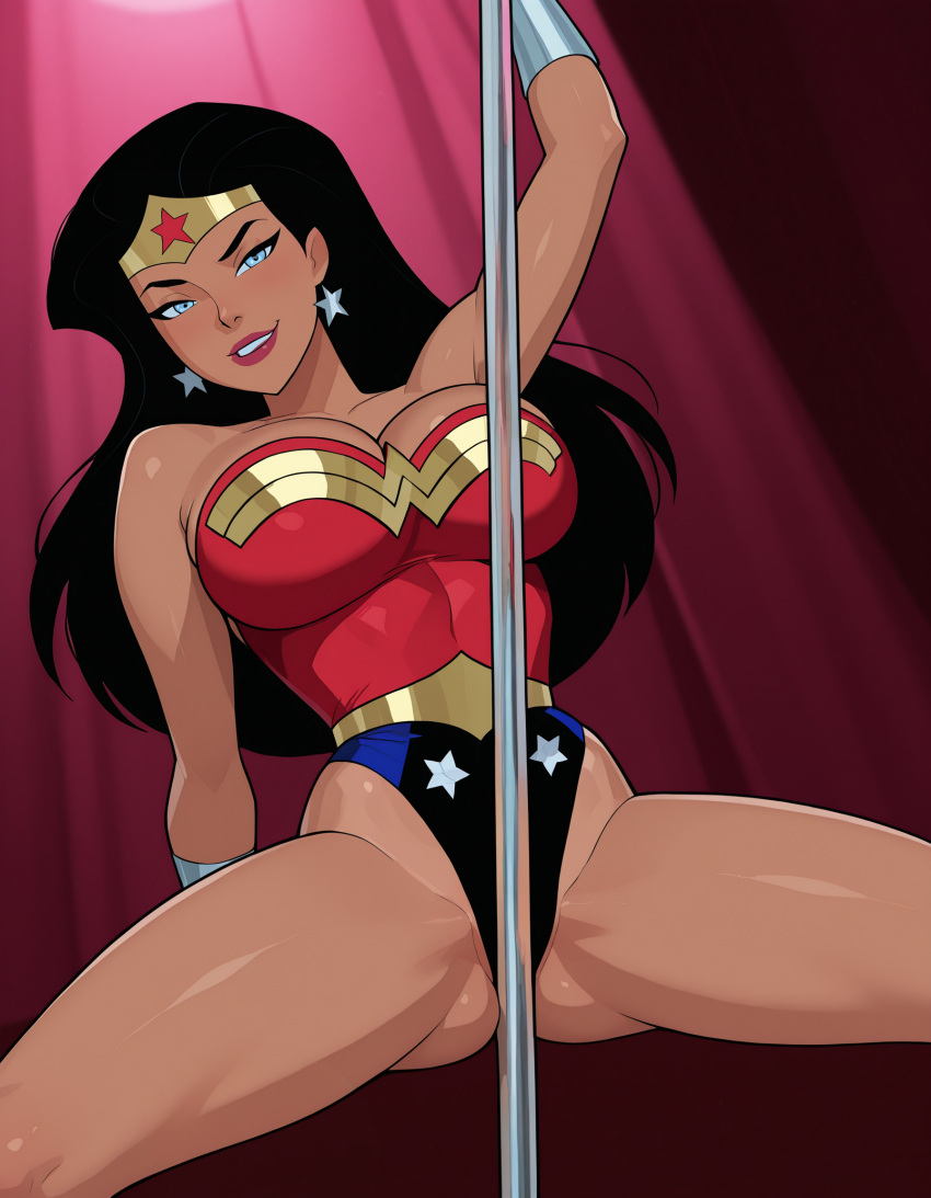 1girl amazon arm_behind_back arm_up bangs bare_arms bare_legs bare_shoulders big_breasts black_hair blue_eyes blue_leotard bracer breasts cleavage collarbone dancing dc_comics dcau diana_prince earrings female_only female_solo gold_jewelry gradient gradient_background grin half-closed_eyes head_tilt heroine highleg highleg_leotard jewelry justice_league justice_league_unlimited legs leotard lips lipstick long_hair looking_at_viewer makeup multicolored_clothes multicolored_leotard naughty_face neck parted_bangs parted_lips pink_background pole pole_dancing red_leotard red_lipstick sghero1234 sghero1234_(artist) silver_bracer silver_earrings silver_jewelry smile spotlight spread_legs star star_(symbol) star_earrings star_print straight_hair strapless strapless_leotard superhero_costume superheroine themysciran thighs tiara two-tone_leotard wonder_woman wonder_woman_(dcau) wonder_woman_(series)