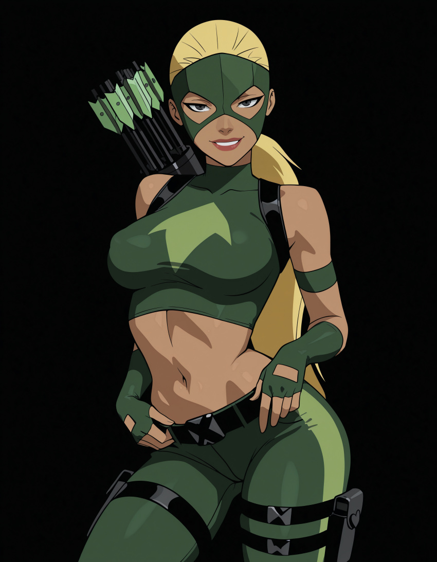 1girl archer arrow_(projectile) artemis_(dc) artemis_crock bare_shoulders belt big_breasts black_background black_belt blonde_female blonde_hair breasts contrapposto dc_comics female_only female_solo fingerless_gloves gloves green_gloves green_mask green_pants green_shirt grey_eyes grin half-closed_eyes heroine holster lips lipstick long_hair looking_at_viewer makeup mask midriff naughty_face navel neck pants parted_lips pink_lipstick ponytail quiver sghero1234 sghero1234_(artist) shirt simple_background sleeveless sleeveless_shirt sleeveless_turtleneck smile standing straight_hair superhero_costume superheroine tied_hair turtleneck turtleneck_shirt very_long_hair young_justice