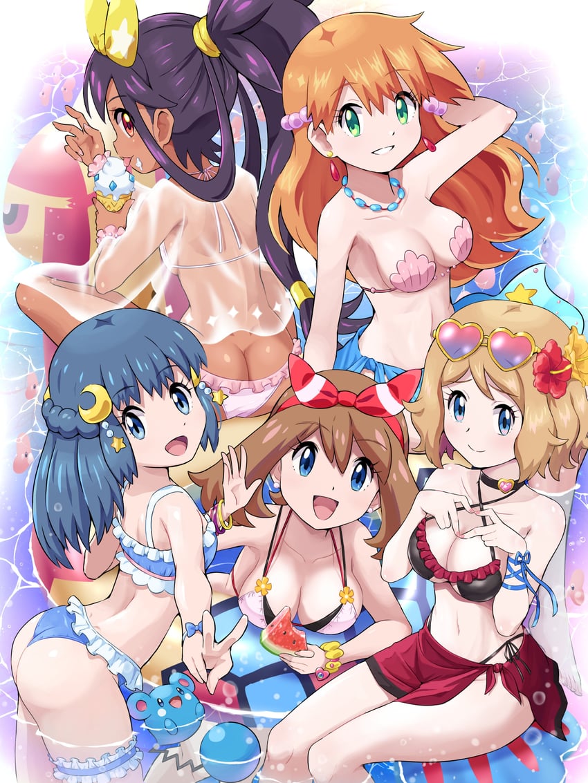 5girls ass azurill big_ass big_breasts bikini blonde_hair blue_eyes blue_hair breasts brown_hair cute dark-skinned_female dark_skin dawn_(pokemon) female female_focus female_only flower flower_in_hair game_freak green_eyes happy ice_cream iris_(pokemon) kasumi_(pokemon) light-skinned_female light_skin long_hair looking_at_viewer luvdisc may_(pokemon) milotic multiple_females multiple_girls necklace nintendo peace_sign pokemoa pokemon pokemon_anime ponytail seashell_bra serena_(pokemon) short_hair sunglasses sunglasses_on_head swimsuit water watermelon