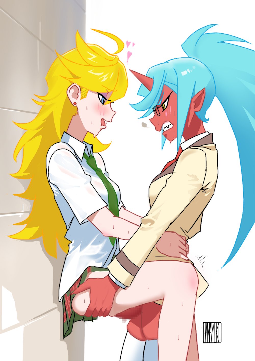 1futa 2_girls against_wall ahoge angry blonde_female blonde_hair blue_eyes clenched_teeth couple demon_girl duo eye_contact eyeshadow female_only futanari futanari_on_female glasses half-closed_eyes hanamuko_(hana_muko) high_ponytail kneesocks_(psg) kneesocks_daemon light_blue_hair long_hair looking_at_another multiple_girls neck open_mouth panty_&_stocking_with_garterbelt panty_(psg) pointy_ears ponytail purple_eyeshadow red_skin rivals saliva sharp_teeth smile standing sweat sweating teeth tied_hair yellow_eyes