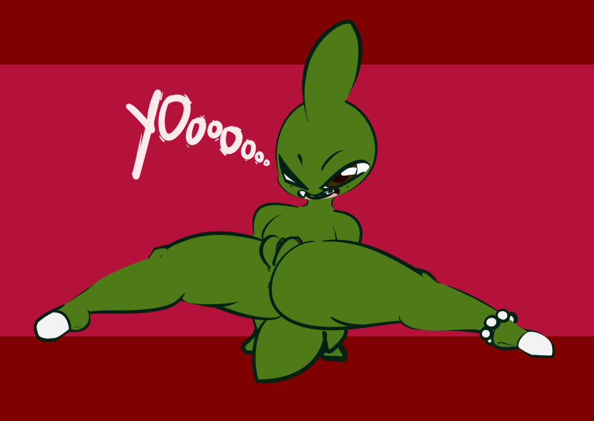 1-upclock 1boy 2021 anthro anus ass barely_visible_anus big_ass black_pupils braces brown_eyes claws clitoris fangs flexible genitals green_body green_pussy green_scales high_res jay_(1-upclock) larvitar looking_at_viewer nintendo one_eye_closed pearl_anklet pink_background pokémon_(species) pokemon pokemon_(species) pupils pussy scales scalie simple_background splits spread_legs spreading thick_thighs toe_claws video_games white_claws