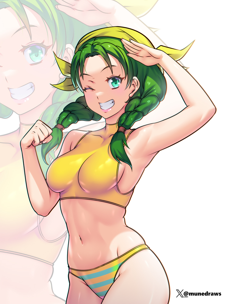 1girl 1girl alluring alternate_costume arms_up bandana bikini blush braid crop_top etchimune fire_emblem fire_emblem:_the_blazing_blade green_eyes green_hair intelligent_systems long_hair looking_at_viewer medium_breasts midriff navel nintendo one_eye_closed rebecca_(fire_emblem) salute smile stomach swimsuit twin_braids twin_tails yellow_bandana yellow_bikini
