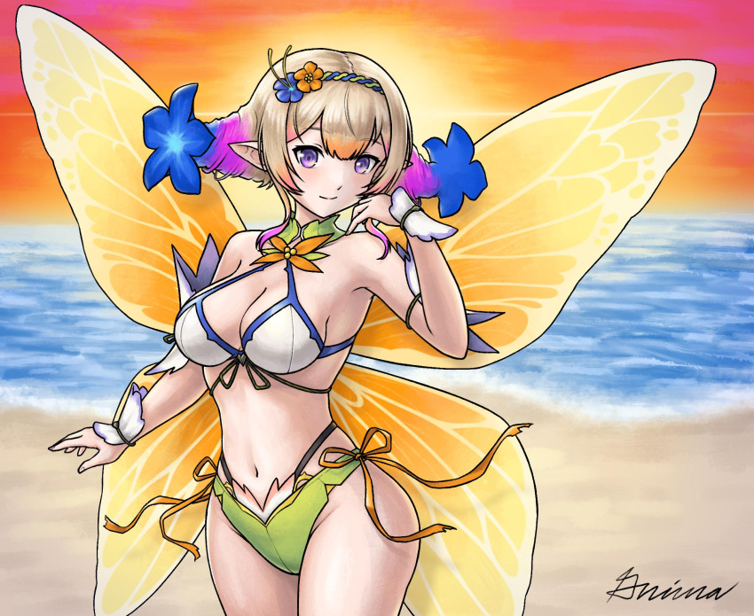 1girl 1girl alluring alternate_costume beach bikini cleavage commission drill_hair fairy_wings fire_emblem fire_emblem_heroes flower flower_ornament grimaisbestwaifu hair_flower hair_ornament high_res intelligent_systems looking_at_viewer medium_breasts navel nintendo ocean outside peony_(fire_emblem) pointy_ears purple_eyes ribbon-trimmed_bikini ribbon_trim short_bangs smile swimsuit twin_drills white_bikini wings