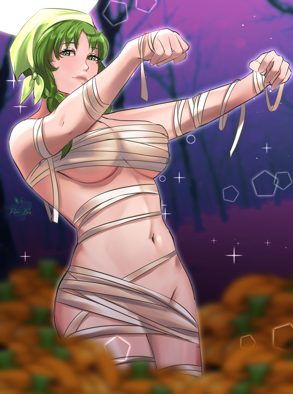 1girl 1girl alluring bandages bandana blurry braid closed_mouth commission female_focus fire_emblem fire_emblem:_the_blazing_blade green_eyes green_hair groin halloween halloween_costume high_res intelligent_systems long_hair looking_at_viewer matching_hair/eyes medium_breasts mummy_costume naked_bandage navel nintendo pumpkin purple_background rebecca_(fire_emblem) rinku_bny smile twin_braids under_boob